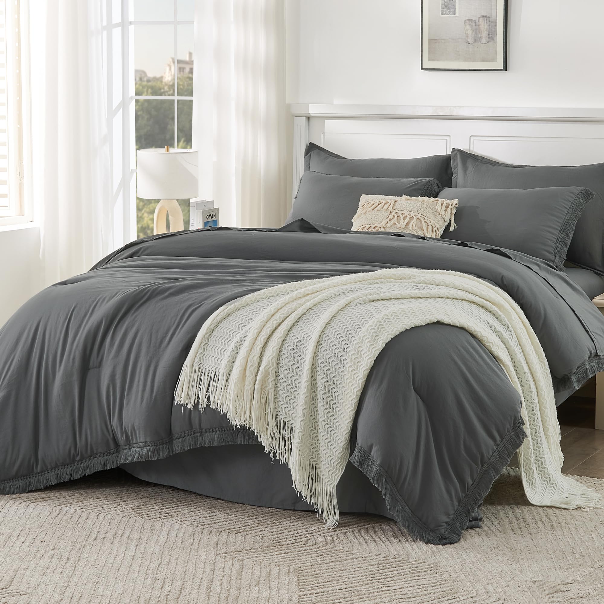 Andency Dark Grey Queen Size Comforter Set With Sheets - 7 Pieces Boho Tassel Bed In A Bag Soft Lightweight Bedding Sets, Dark G