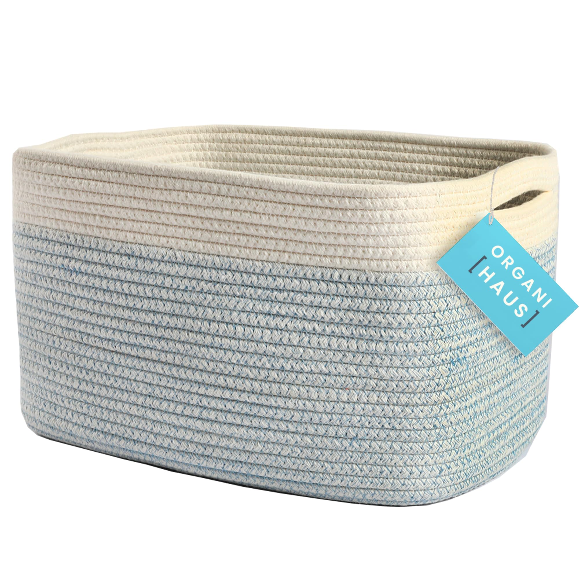 Organihaus White And Blue Basket | Coiled Rope Basket With Handles | Woven Basket For Storage | Nursery Storage Basket | Decorat