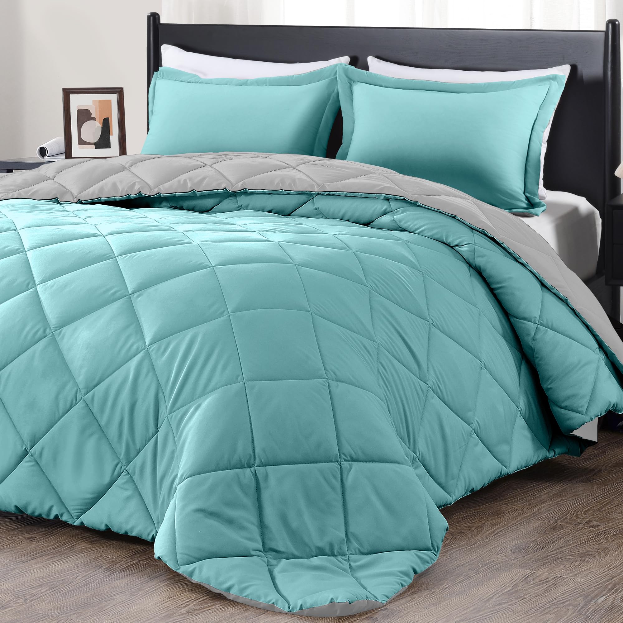 Downluxe Twin Comforter Set - Turquoise And Grey Twin Comforter, Soft Bedding Comforter Sets For All Seasons, Twin Bed Comforter Set - 2 Pieces - 1 Comforter (66'X92') And 1 Pillow Sham(20'X26')