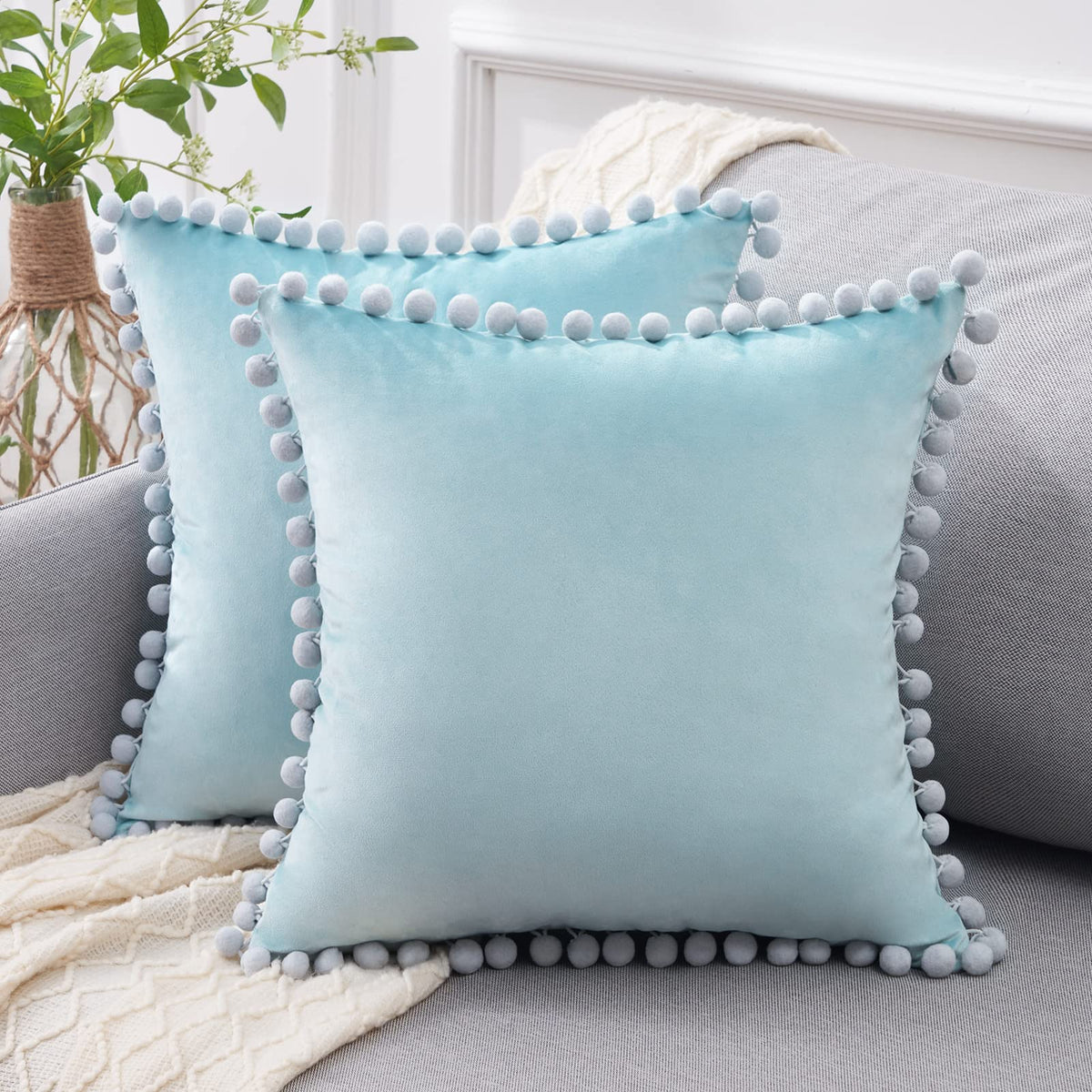 Top Finel 22X22 Decorative Pillow Covers Set Of 2, Baby Blue Throw Pillow Cover With Pom Poms For Couch Bed Sofa, Square Throw P