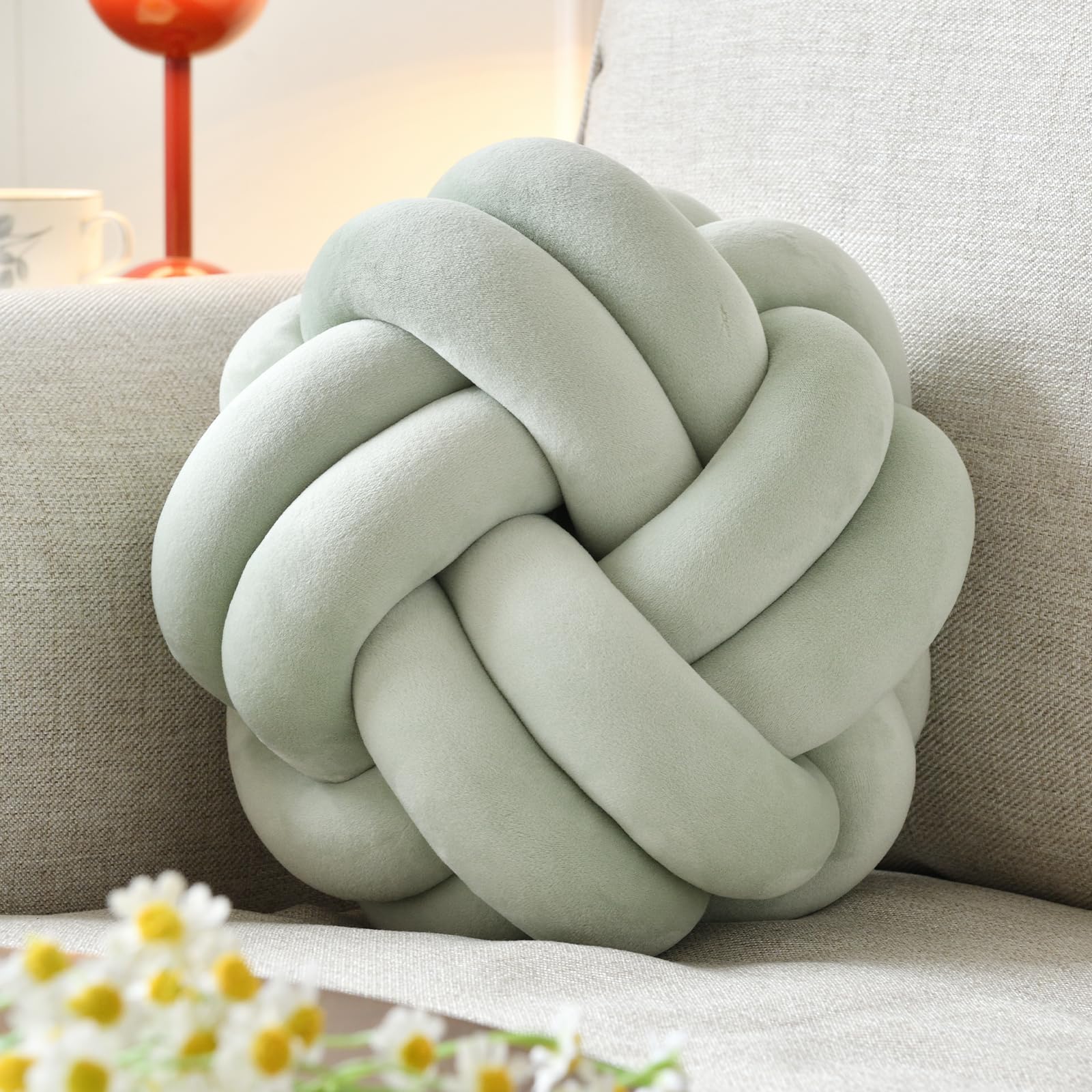 Vbgya Knot Ball Pillow, Round Decorative Throw Pillows Cushion, 8 Inch Sage Green Soft Plush Knotted Pillows Pillow, Modern Home