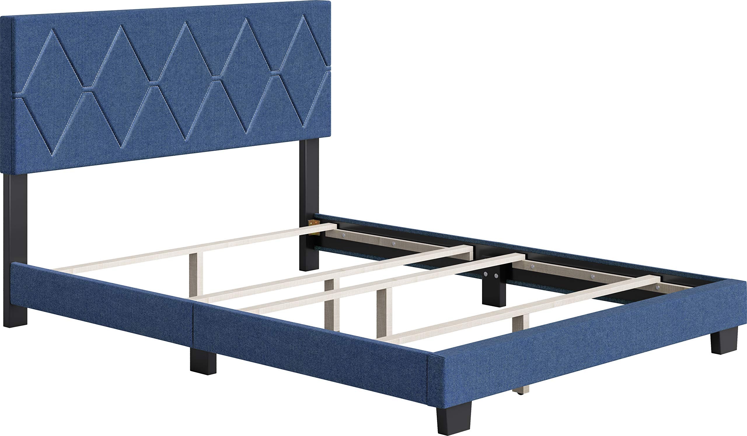 Boyd Sleep Diamond Upholstered Platform Bed with Headboard and Durable Mattress Foundation with Strong 4 Wood Slat Supports, Box Spring Required: King, Blue
