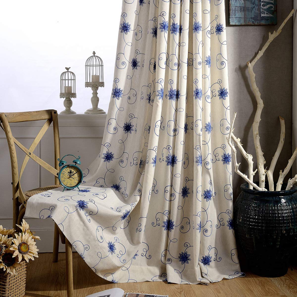 VOGOL Curtains & Drapes 84 Inch Length, 2 Panels Blue Floral and Vines Embroidery Linen Curtain for Bedroom Living Room, Top Gro