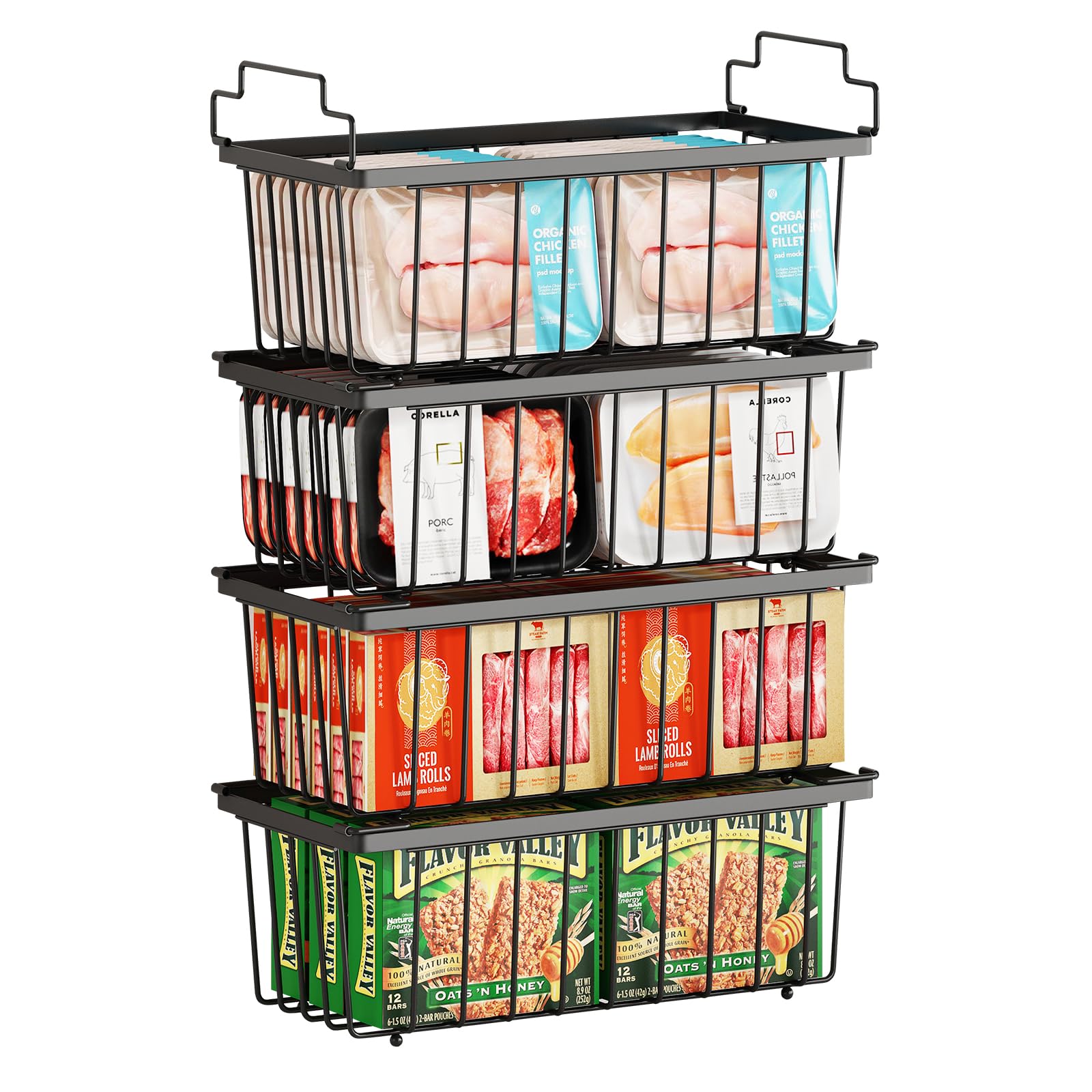 coobest 4 Pack Freezer Organizer Bins(14.6L X 7.1W X 5.2H) for 7 Cu.FT Deep Ches Freezer Sort Frozen Meats | Stackablet Deep Fre