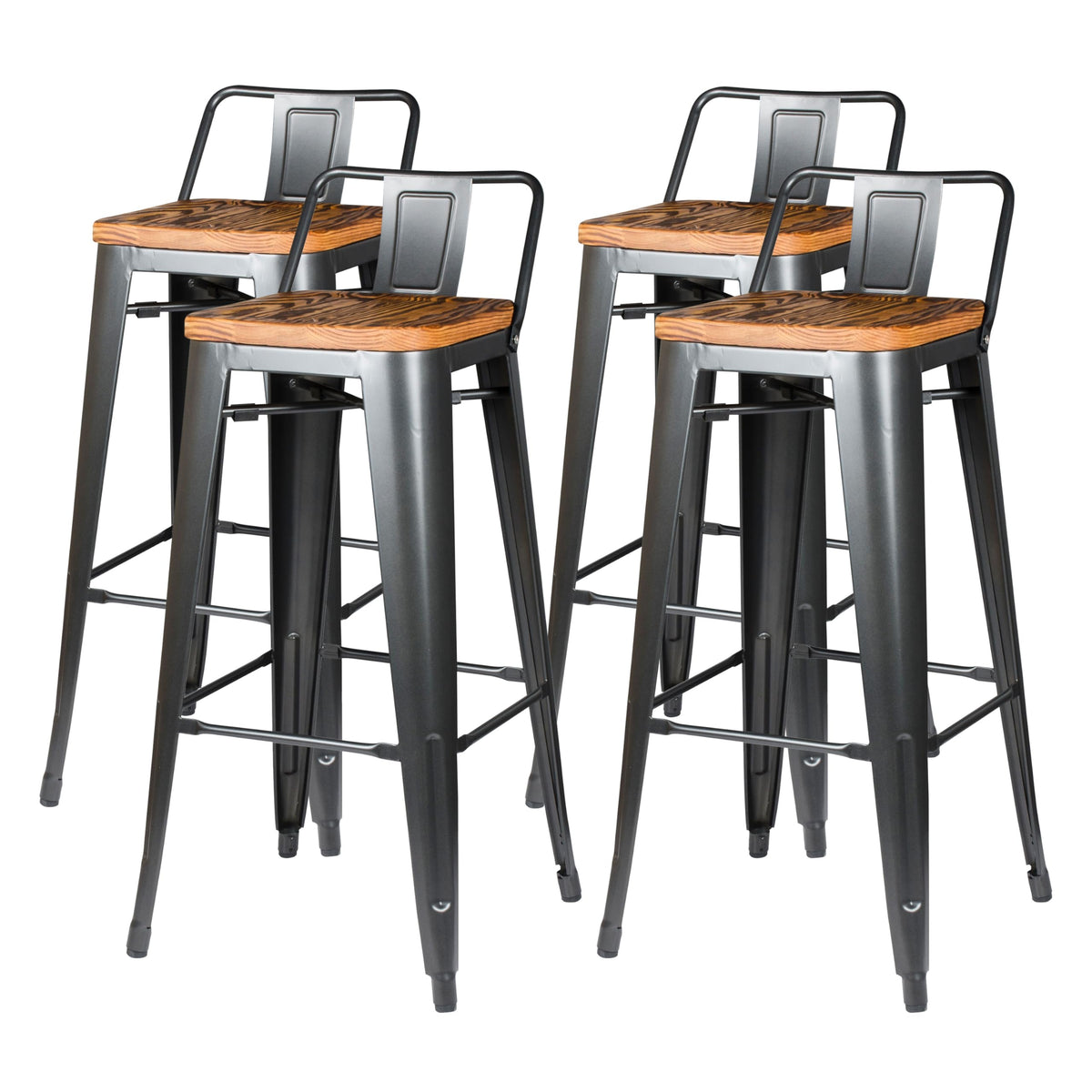 New Pacific Direct Metropolis Metal Low Back Bar Stool 30&quot; Wood Seat,Gunmetal Gray,Set Of 4