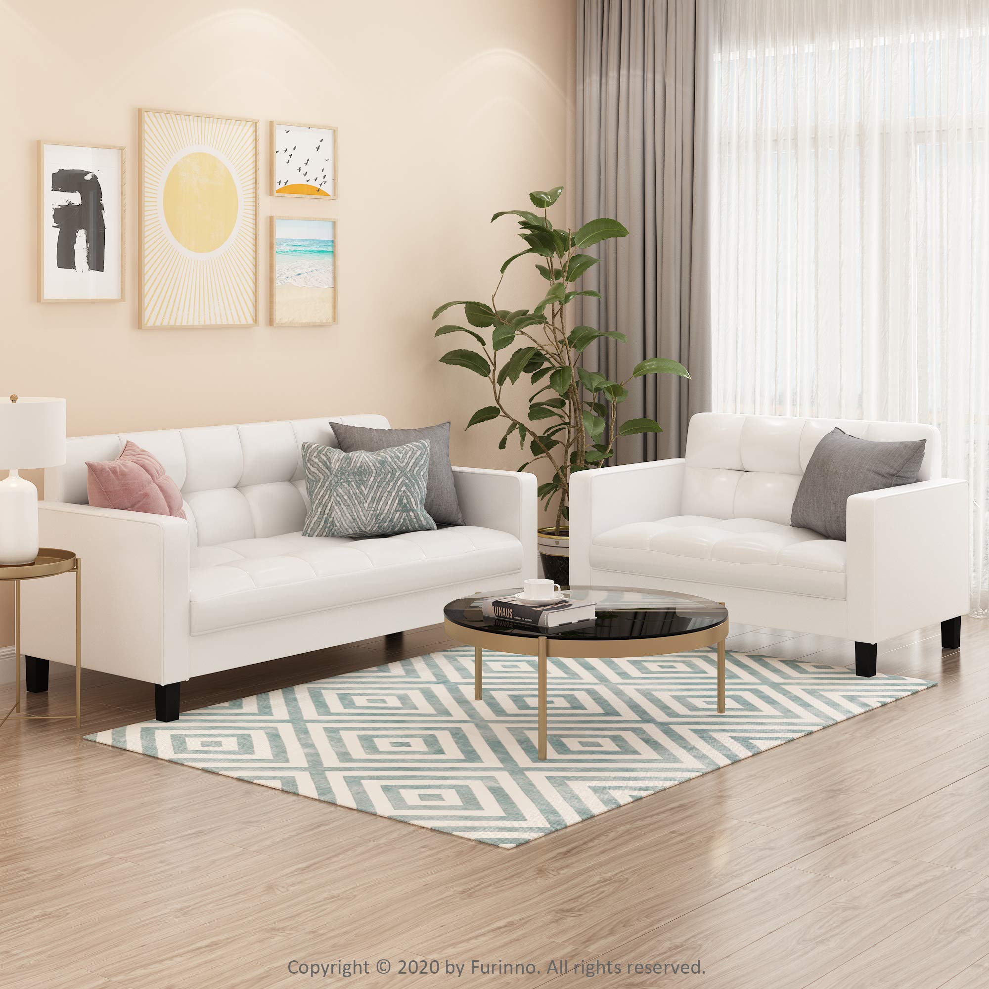 Furinno Brive Contemporary Tufted Faux Leather Loveseat/Sofa Couch For Living Room, White Faux Leather