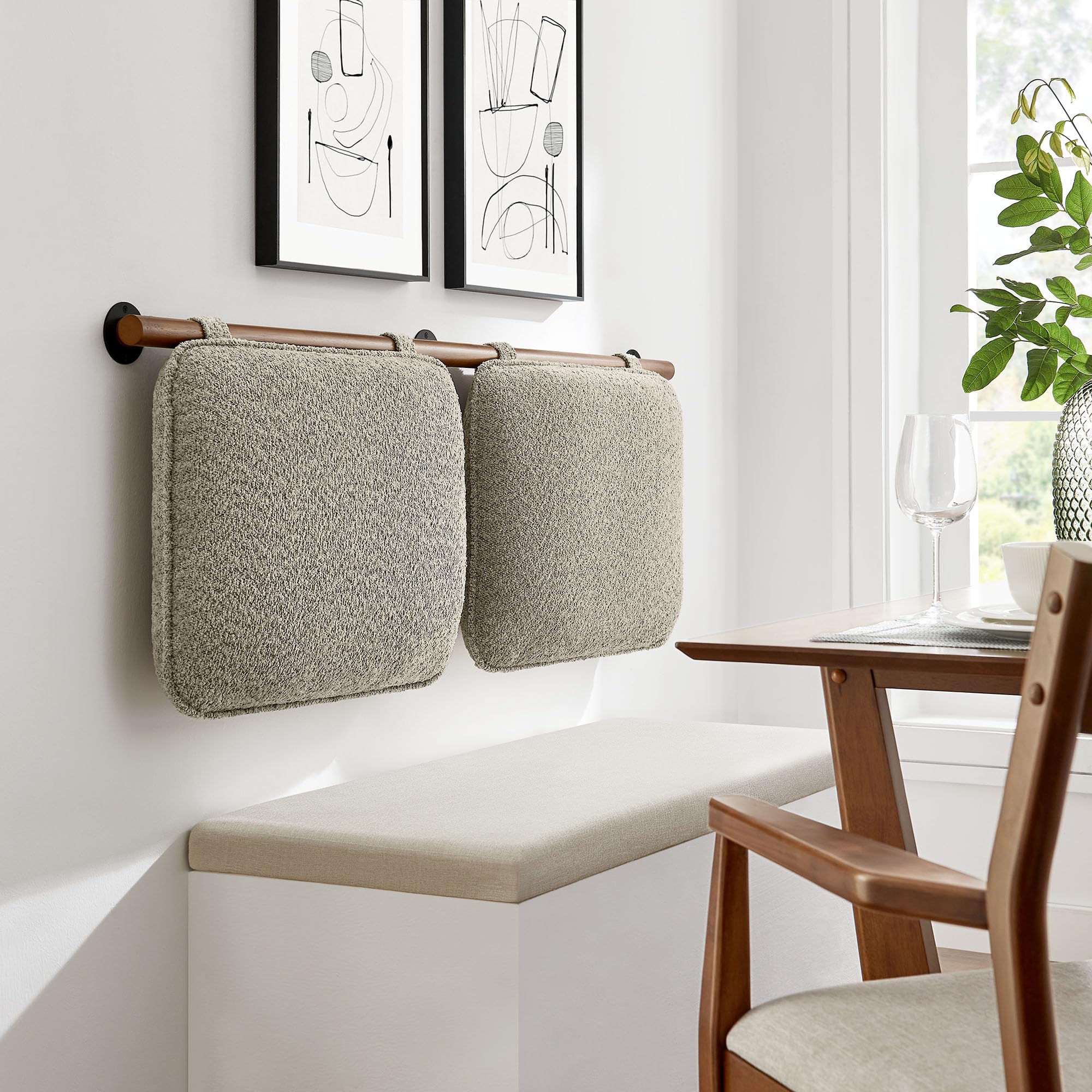 Modway Anela Chenille Upholstered Wall-Mounted Headboard King Size in Oatmeal Walnut - Floating Padded Headboard with Wood Bar a