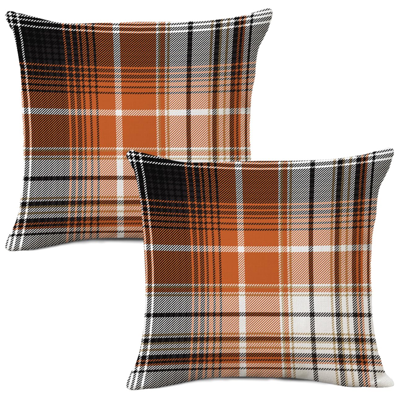 Aofanggo Fall Pillow Covers 16X16 Set Of 2 Autumn Decorative Black Orange Seamless Plaids Check Throw Pillow Cases Cushion Cover