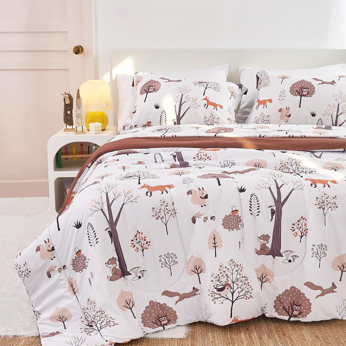 Kids Comforter Set For Boys Girls Full Size, Cute Reversible Quilted Woodland Forest Animal Print Fall Bedding With Pillow Sham,