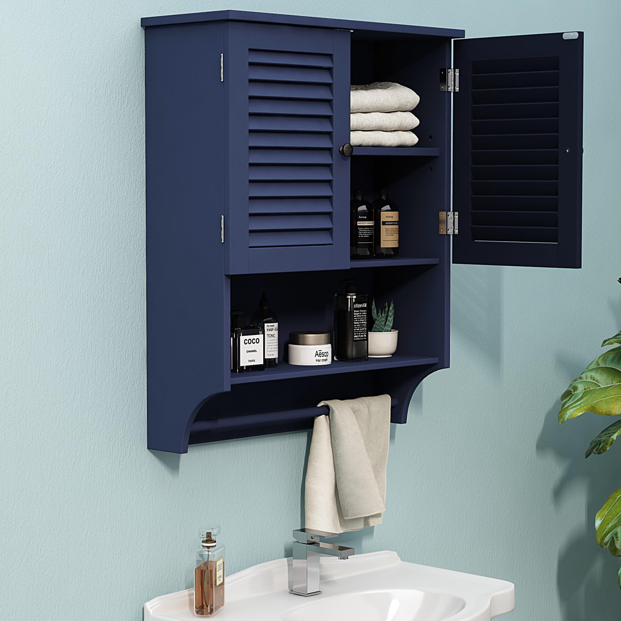 ChooChoo Bathroom Wall Cabinet with Towels Bar, 23.6 L x7.9 W x27.5 H MDF Material Medicine Cabinet, 2 Doors Over The Toilet Spa