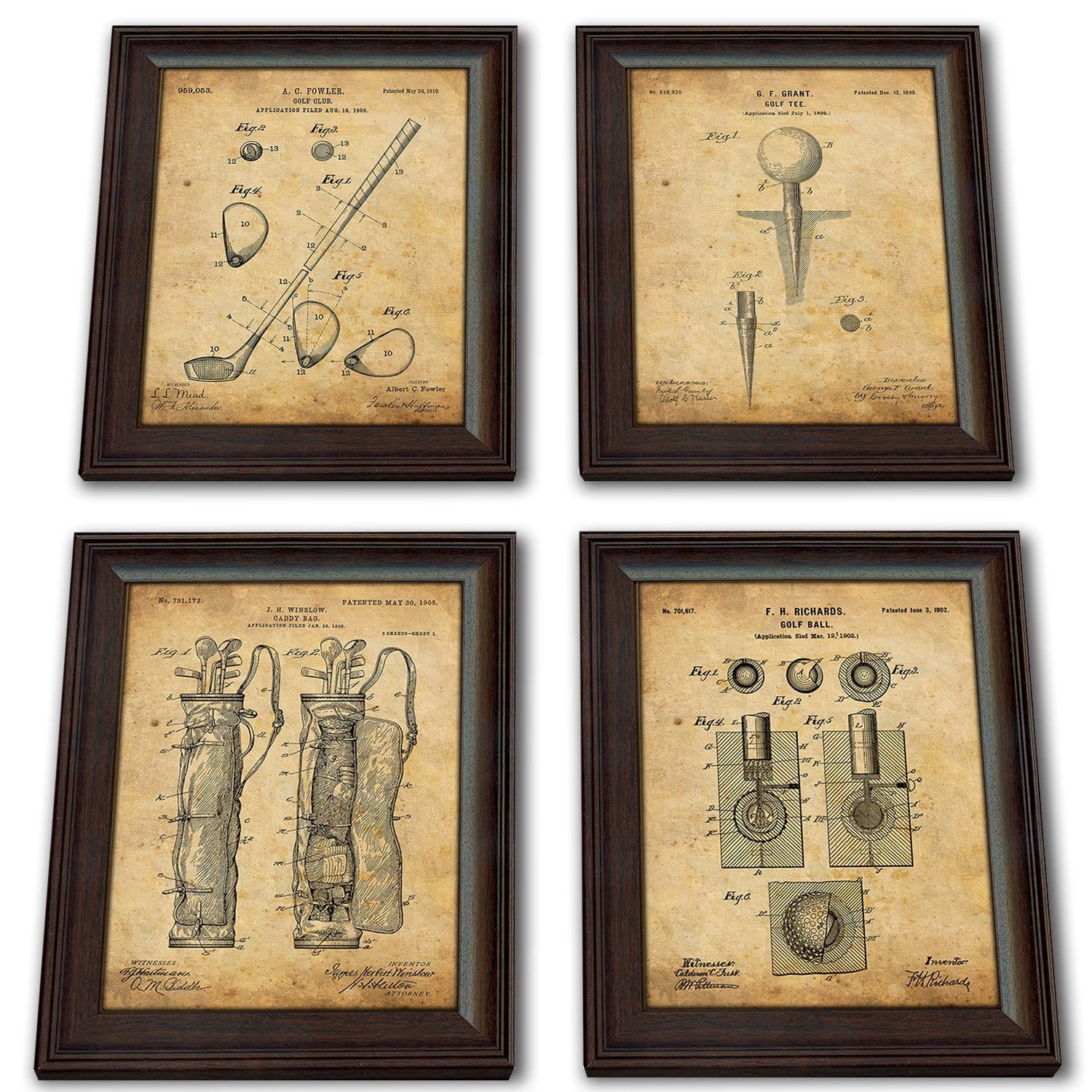 Framed Golf Patent Art Prints - 14 in X 17 in Finished Size (4 set (Ball Tee Club Bag))