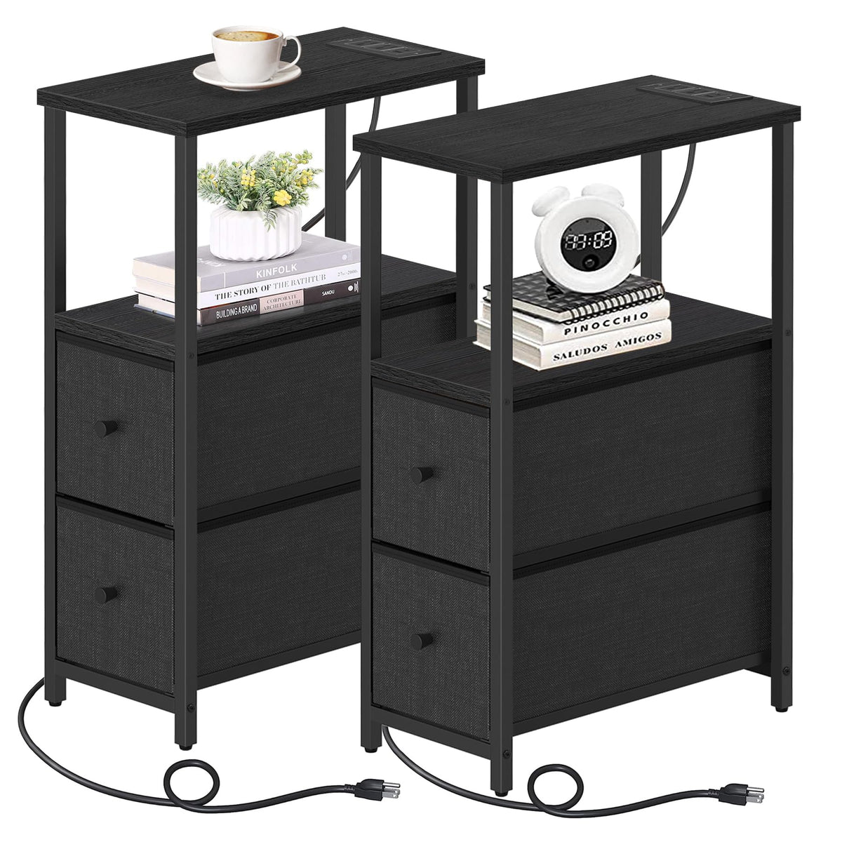 Tutotak Small Narrow End Table With Charging Station, Set Of 2, Side Table With Outlets, Nightstand With 2 Cloth Drawers, Couch Table, For Living Room, Bedroom, Bedside, Black Tb01Bk055