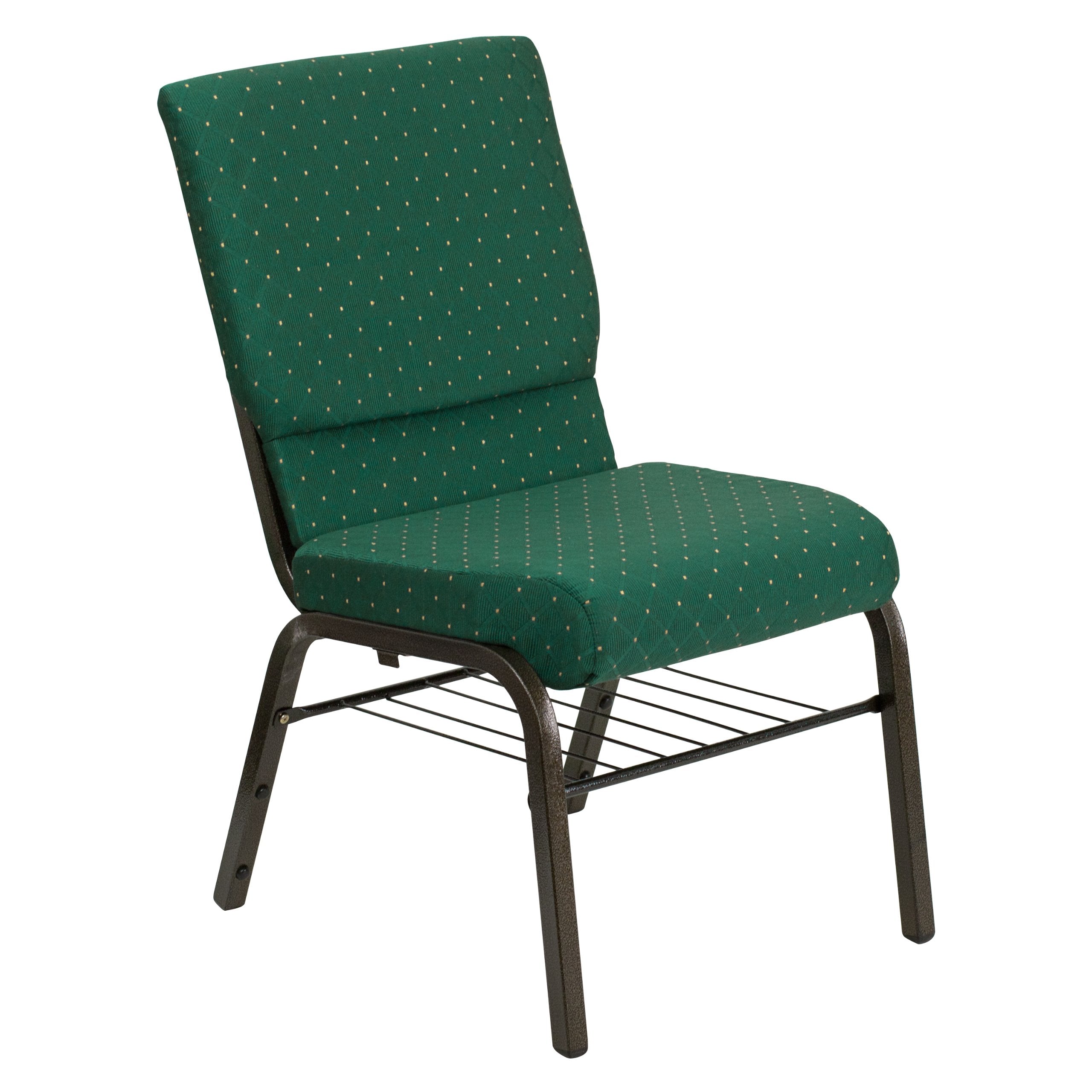 4 Pk. 18.5W Green Patterned Fabric Church Chair, Book Rack - Gold Vein Frame