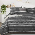 WONGS BEDDING Dark Grey Comforter Set Queen, Boho Reversible Gray Bedding Set - 3 Pieces (1 Striped Comforter + 2 Pillowcases), 