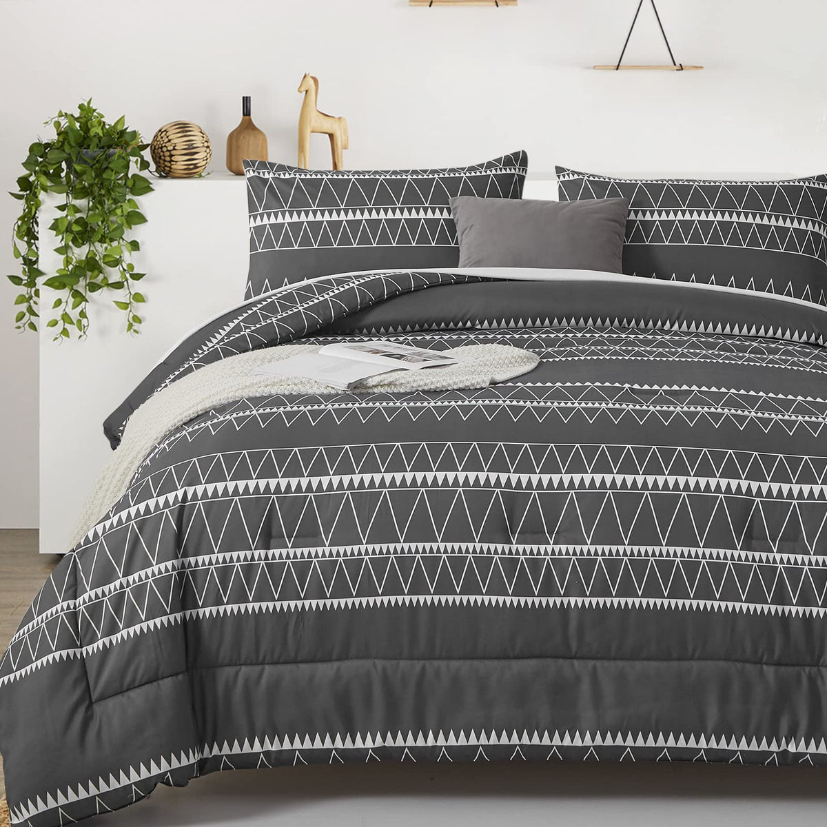 WONGS BEDDING Dark Grey Comforter Set Queen, Boho Reversible Gray Bedding Set - 3 Pieces (1 Striped Comforter + 2 Pillowcases), 