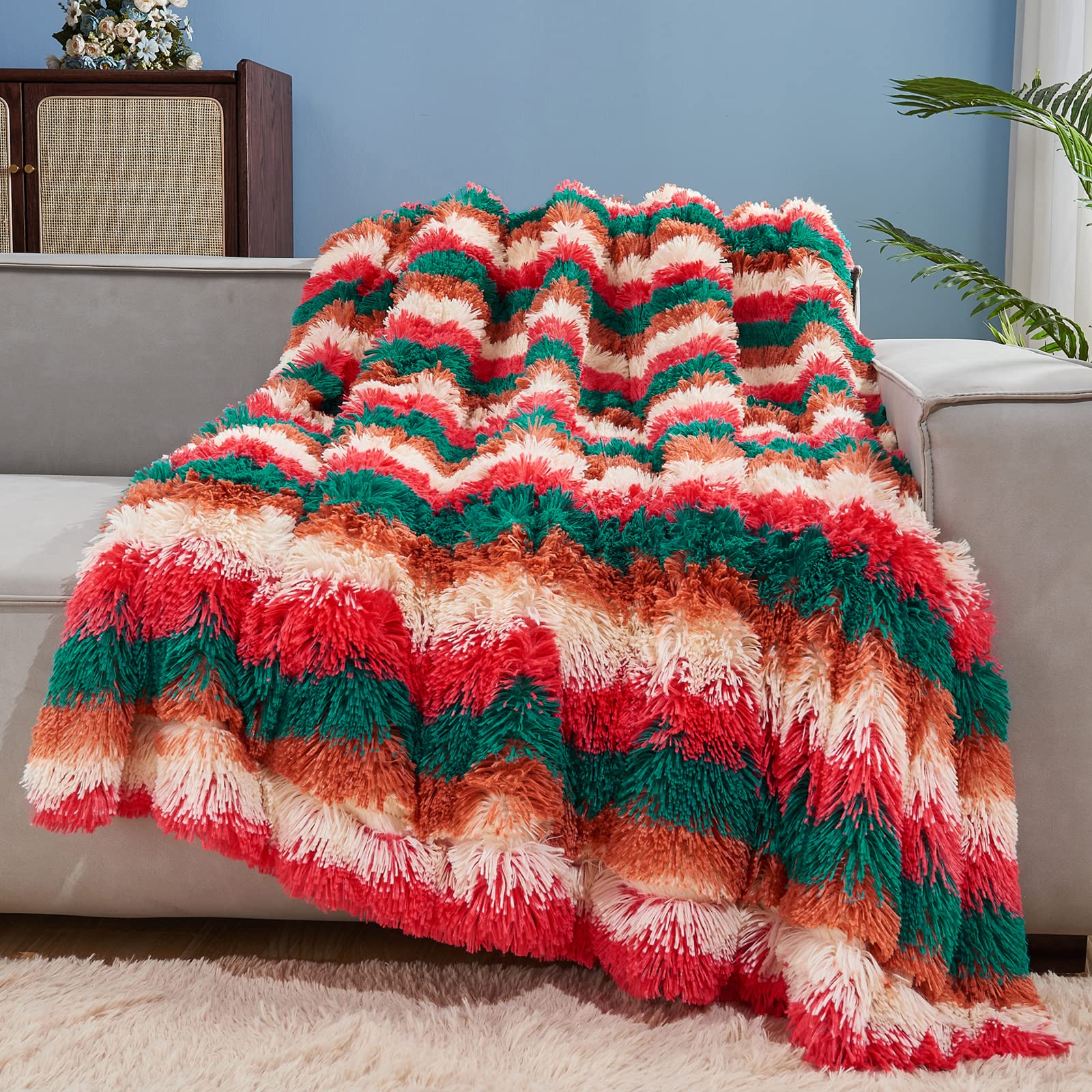 Gonaap Fuzzy Faux Fur Throw Blanket Stripe Red Brown Super Soft Cozy Plush Fuzzy Shaggy Blanket For Couch Sofa Bed (Stripe Red B