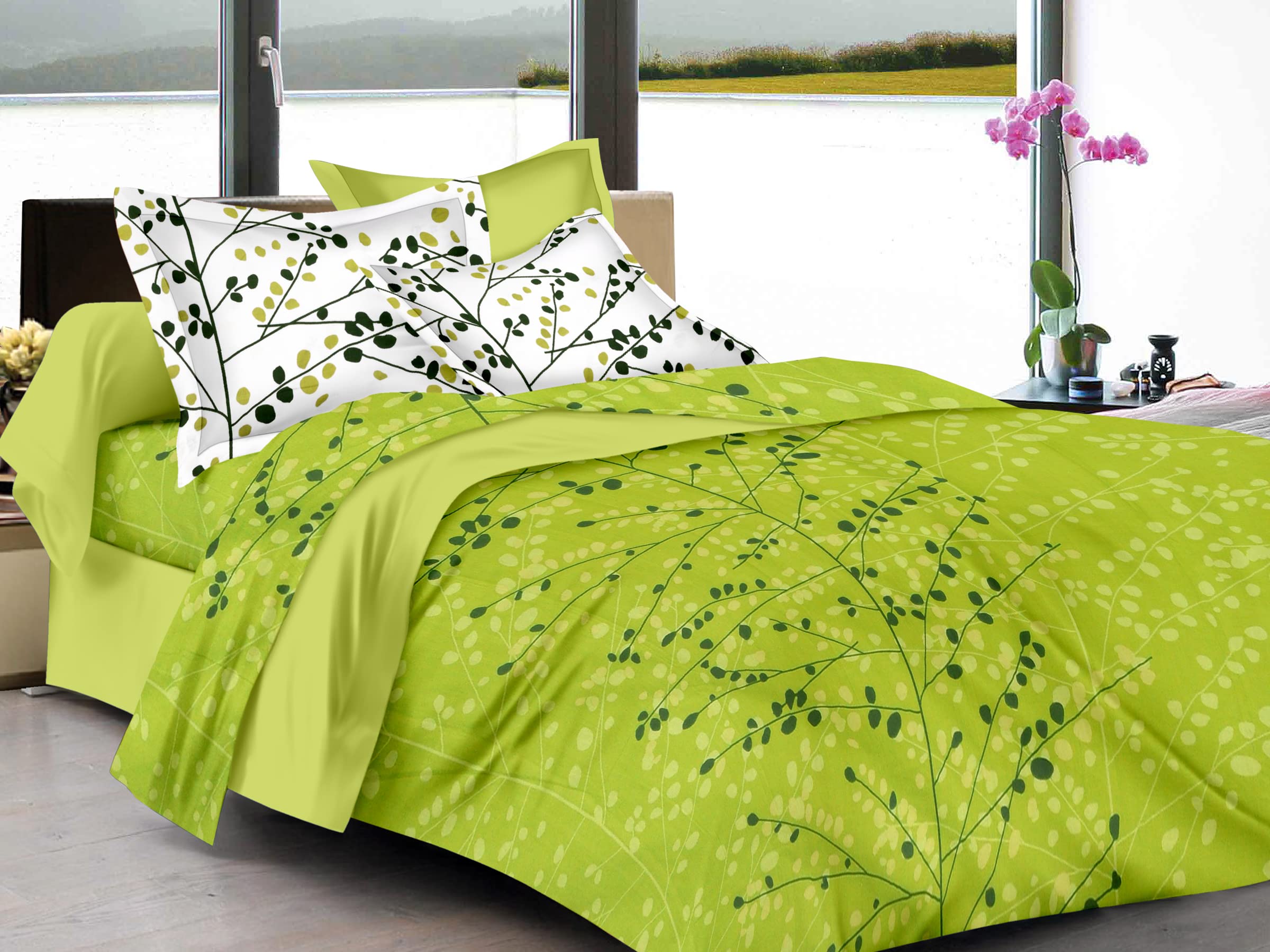 Huesland By Ahmedabad Cotton 144 Tc Cotton Single Bedsheet With 1 Pillow Cover  Green