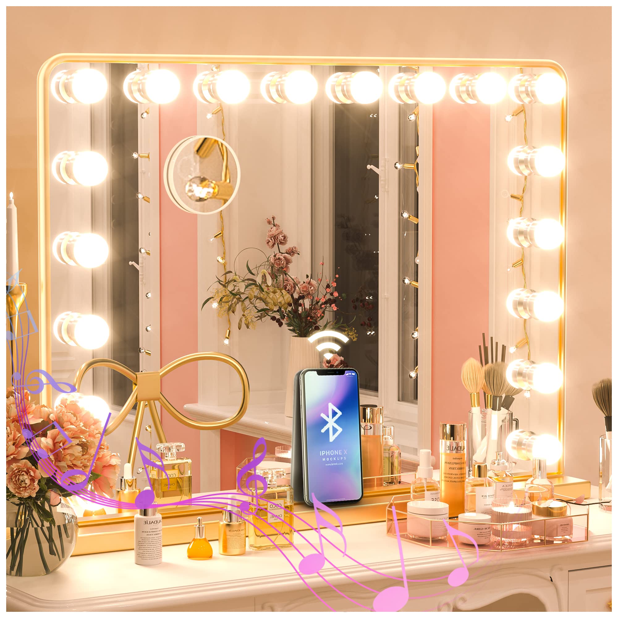Keonjinn Gold Vanity Mirror with Lights, 15 Replaceable Bulbs Hollywood Makeup Mirror with 2 Replacement Bulbs, 3 Color Lights, 