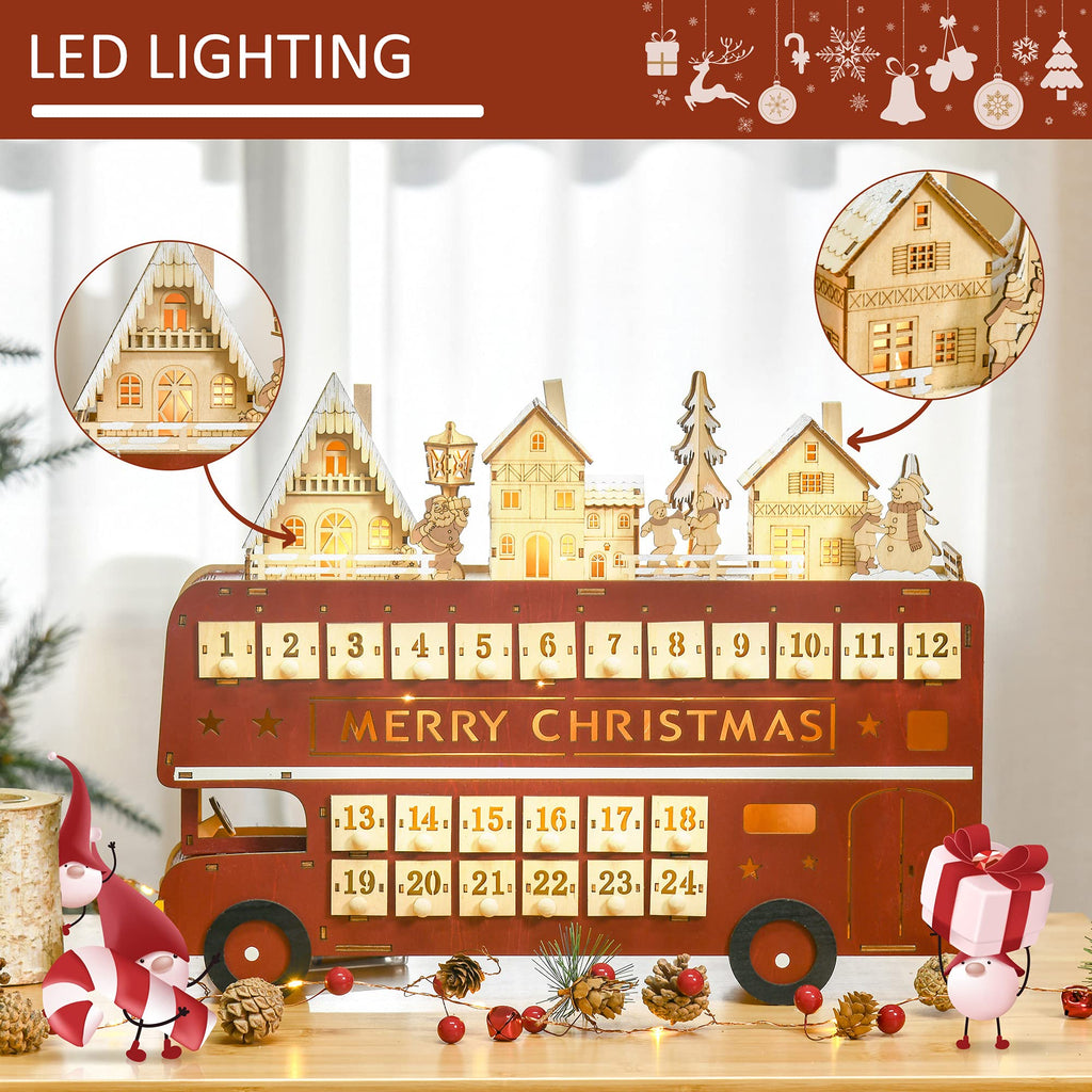Homcom Christmas Advent Calendar, Light Up Table Xmas Wooden Bus Holiday Decoration With Countdown Drawer, Santa Claus Street Ho
