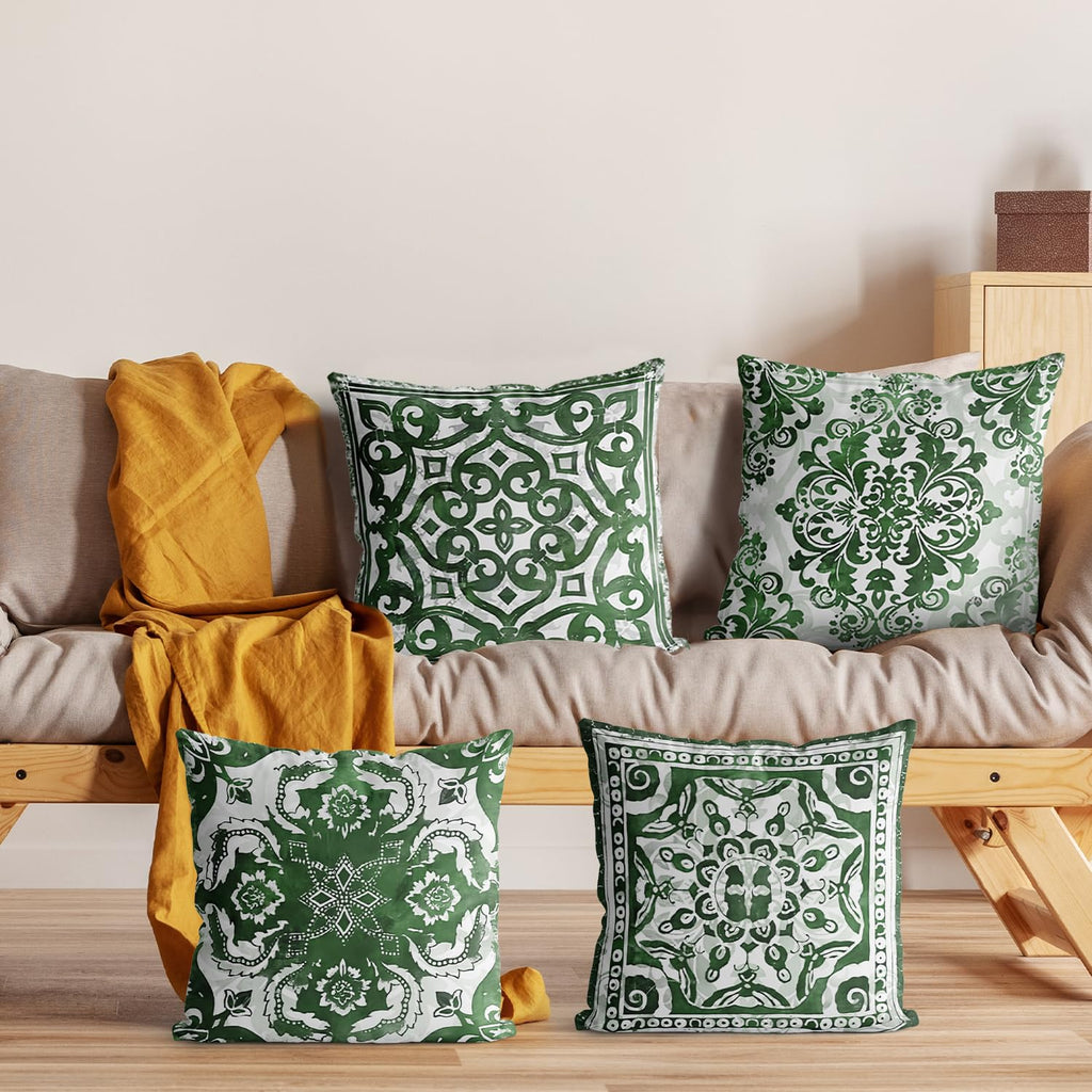 M-Qizi Green Throw Pillow Covers - Flannel Green Pillow Covers 18X18 Set Of 4, Decorative Green Pillow Covers, Chinoiserie Pillo