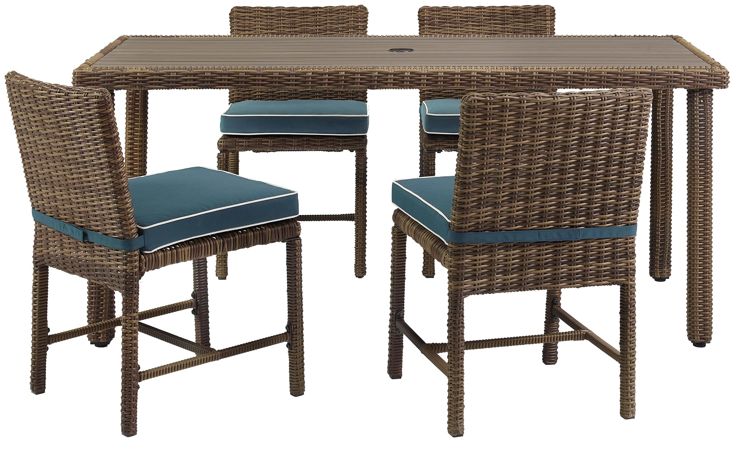 Crosley Furniture Bradenton 5-Piece Outdoor Dining Set For 4, Wicker Patio Table And Chairs For Backyard, Weathered Brown With Navy Cushions
