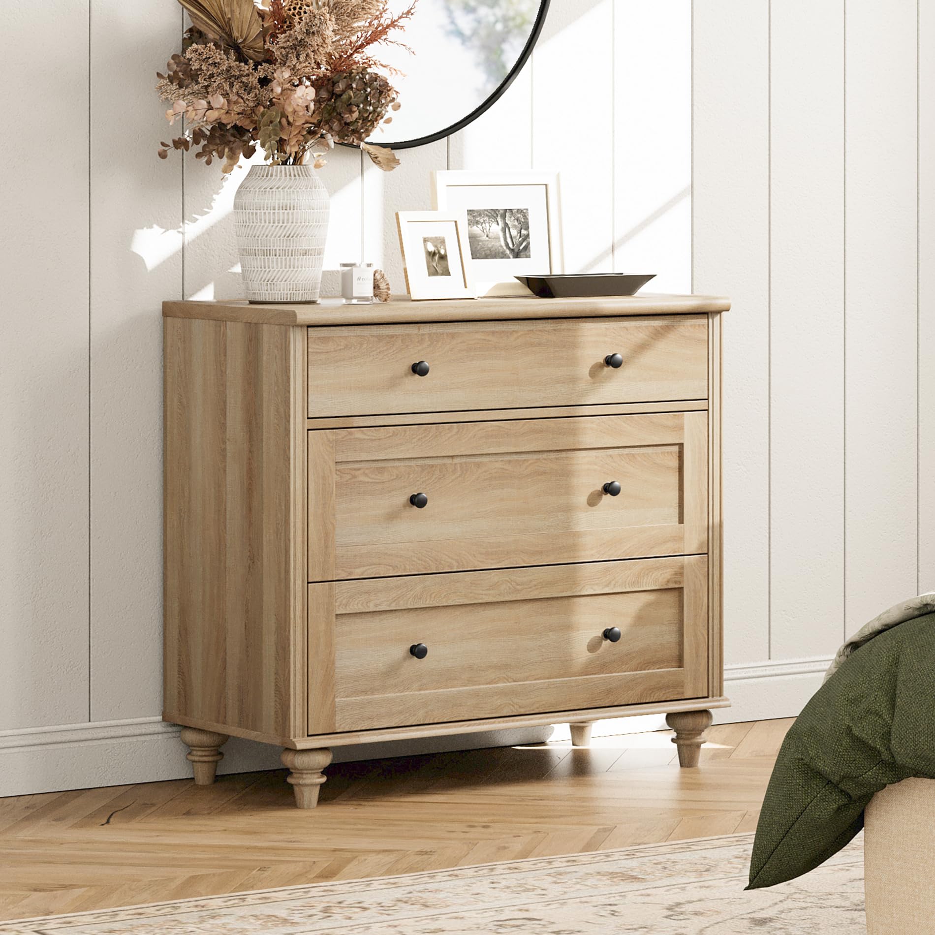 WAMPAT Dresser for Bedroom with 3 Drawers, Oak Kids Dressers with Wide Chest of Drawers, Mid Century Modern Wooden Closet Storag