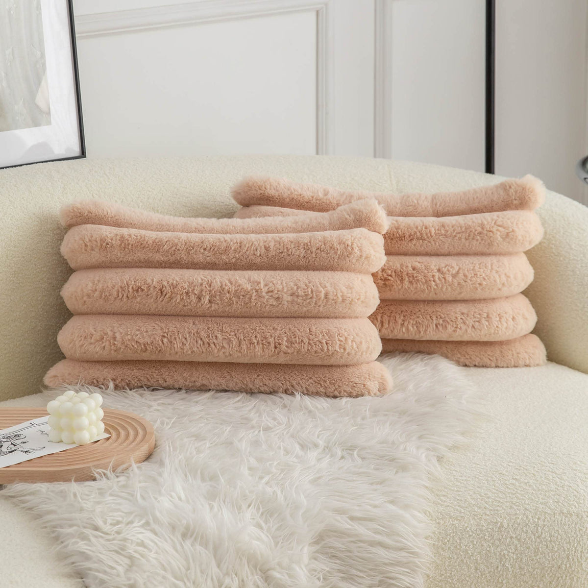 Neelvin Camel Faux Fur Cozy Soft Striped Decorative Throw Pillow Covers 12X20 Inch Set Of 2,Velvet Pillowcase Cushion Case For S