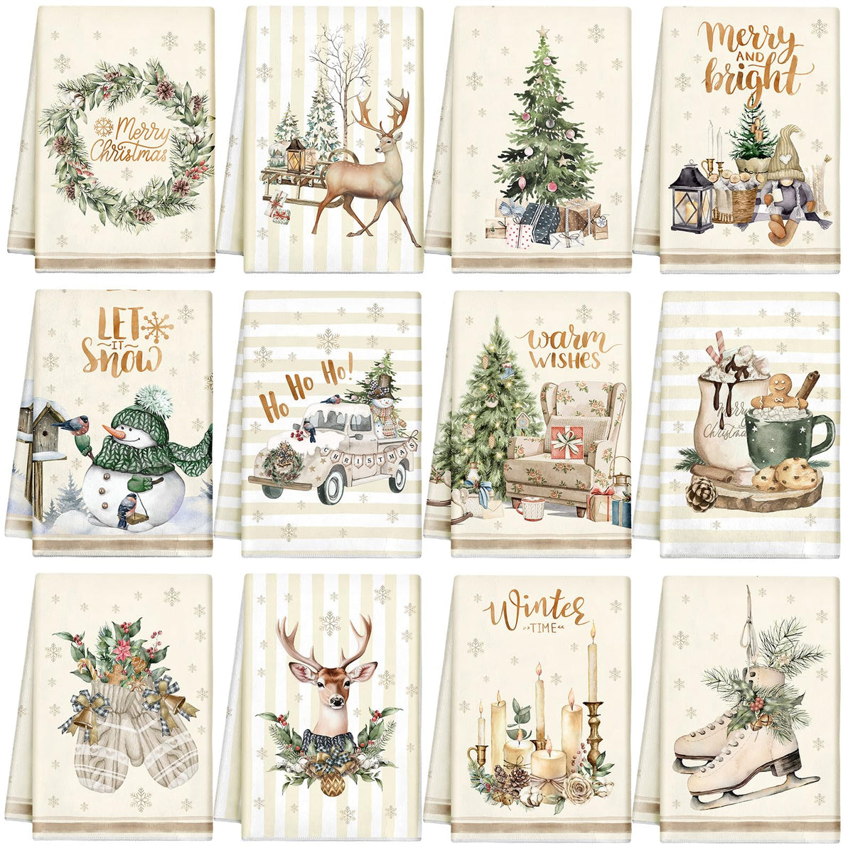 VitalCozy 12 Pcs Vintage Christmas Kitchen and Hand Towels, 14.2 x 21.3 in