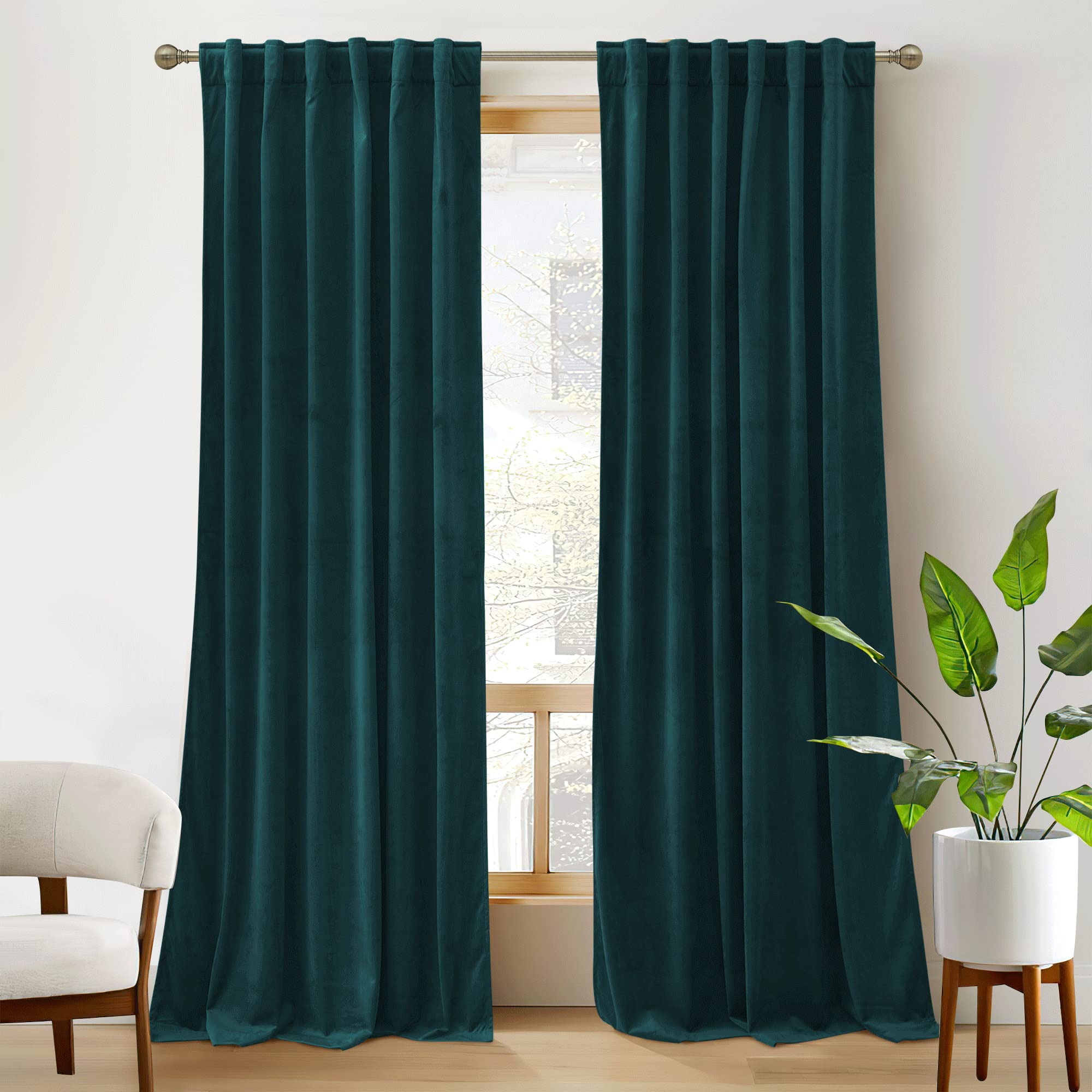 Ryb Home Velvet Curtains 120 Inches 2 Panels Set - Super Soft Durable Window Drapes Room Darkening Energy Smart Back Tap For Apartment Villa Room Backdrops, Peacock Blue, W52 X L120, 2 Panels