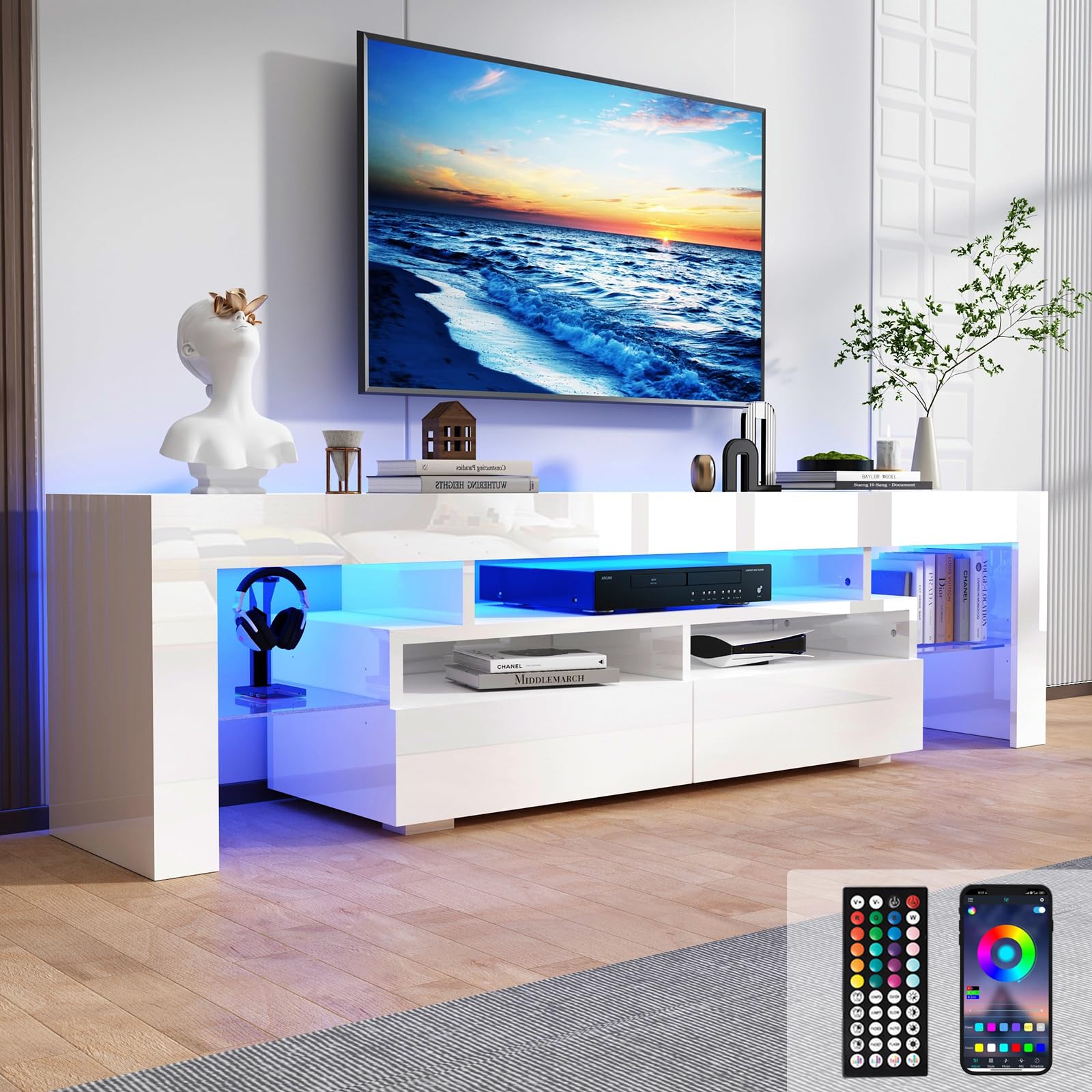 Uspeedy 70in TV Stand for 75/80 inch TV,Modern LED TV Stand for Living Room,Black TV Stand,High Gloss TV Entertainment Center wi