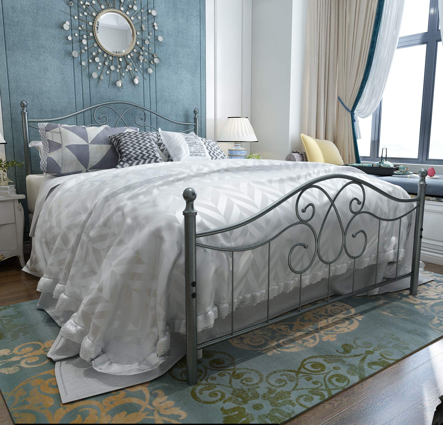 Yalaxon Vintage Sturdy Queen Size Metal Bed Frame With Headboard And Footboard Basic Bed Frame No Box Spring Needed(Queen, Gray Silver)