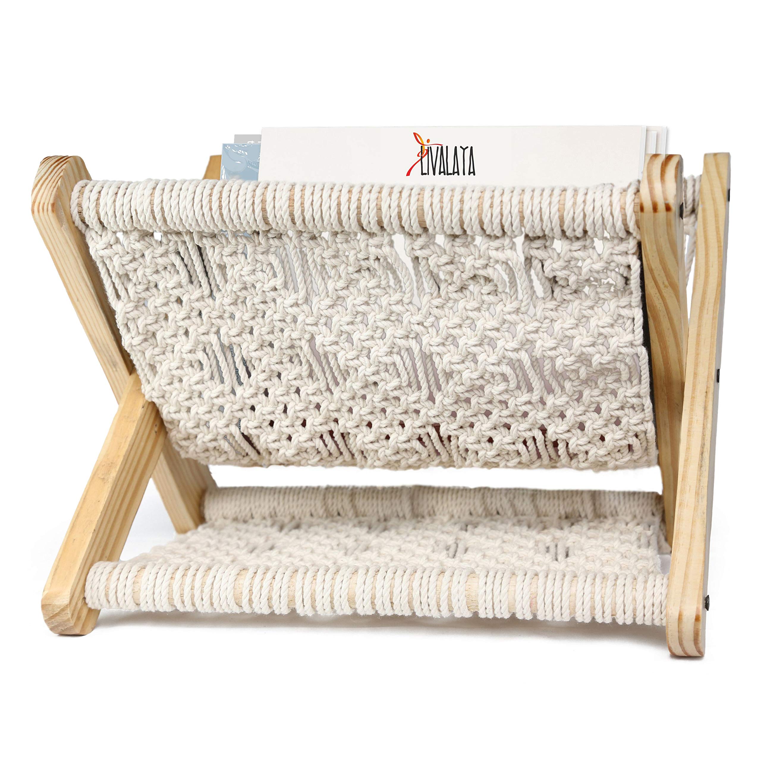 LIVALAYA Small Macrame Magazine Holder Floor- Pre Assembled Boho Room Decor Storage Basket Rack for Books, Mail, Remote, Desk Or