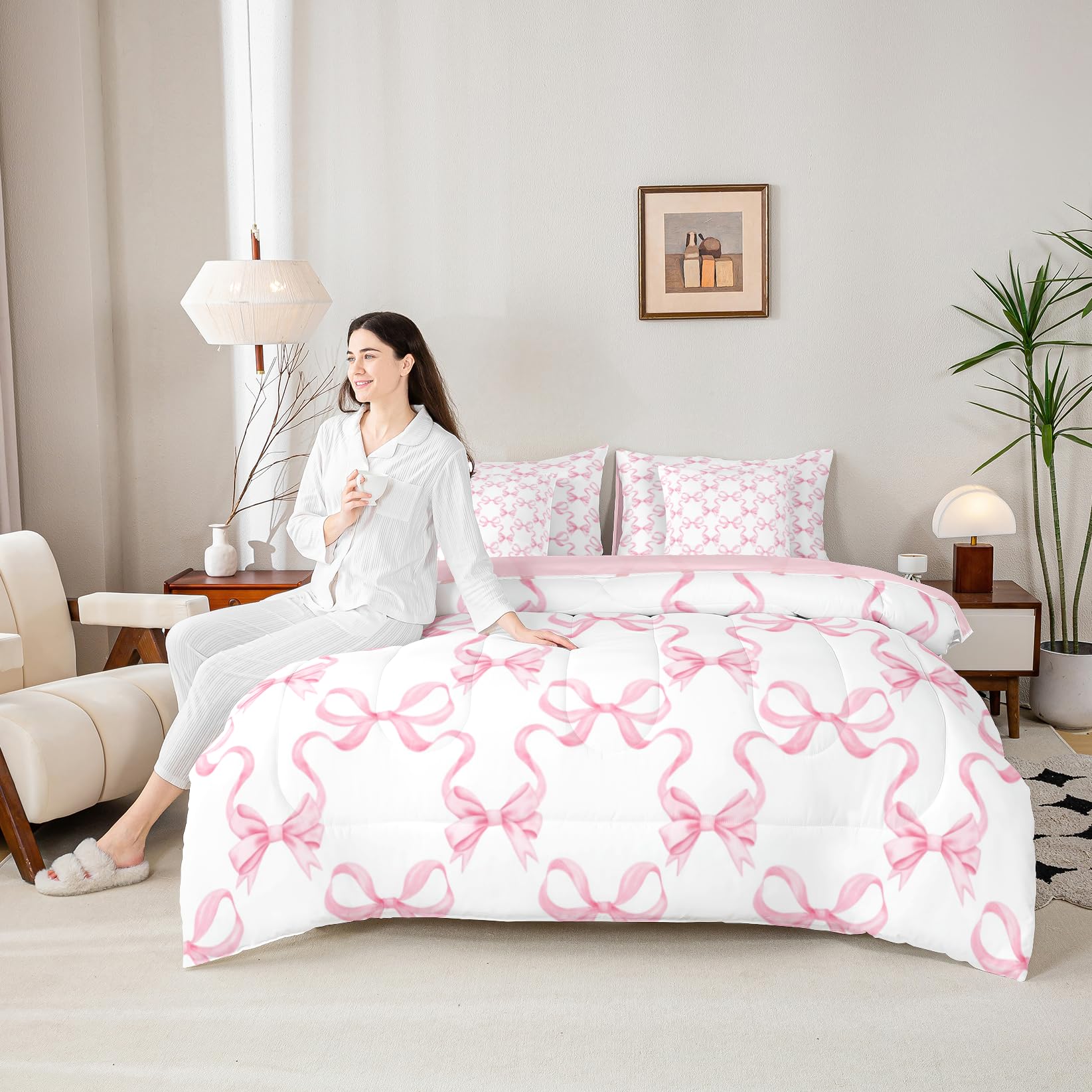 Pink Bowknot 7 Pcs Comforter Set,Princess Style Watercolor Bow-Tie Bedding Set,Dreamy Fairy Tale Bow Ribbon Stripes Pink White B