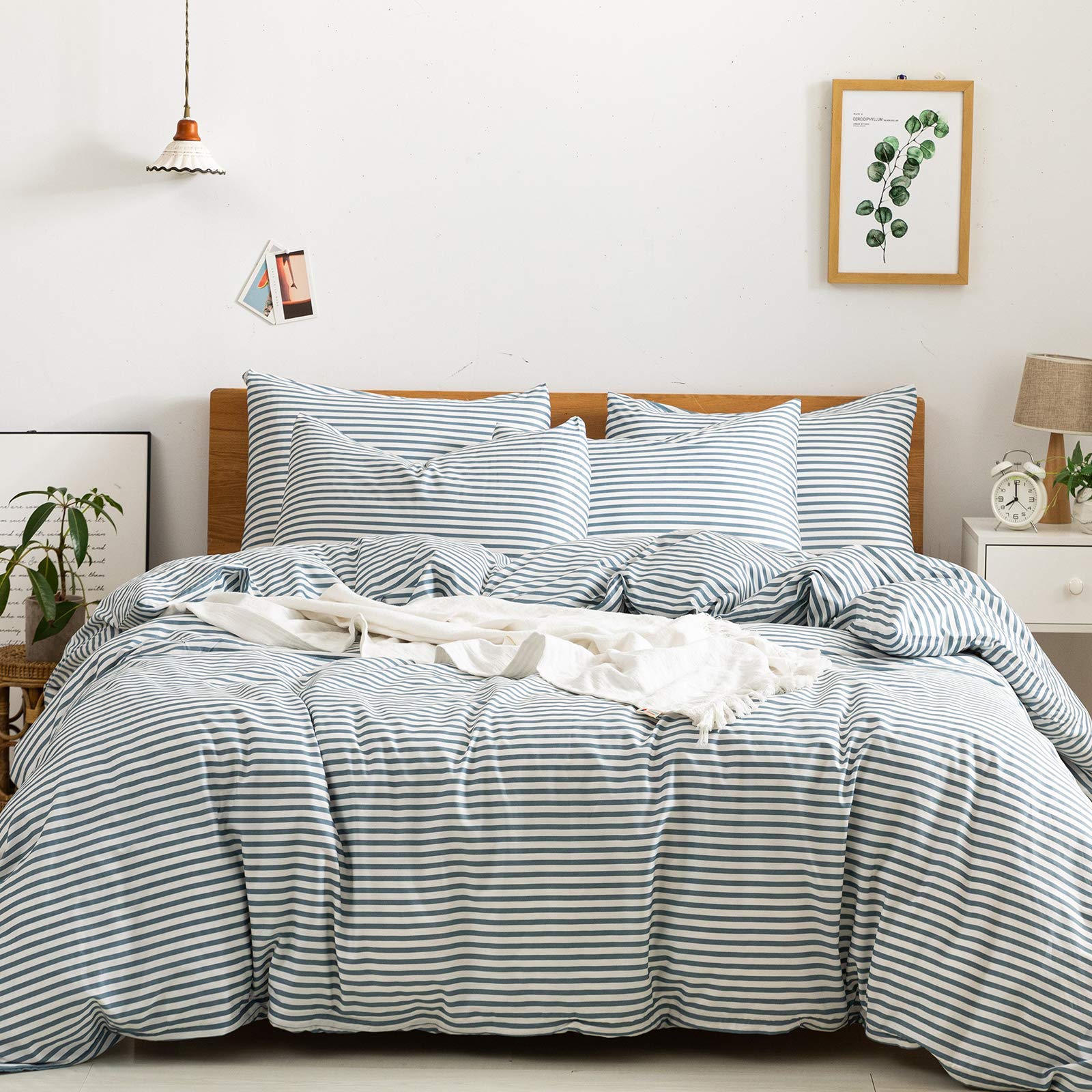 Jellymoni 100% Natural Cotton 2Pcs Striped Duvet Cover Sets,White Duvet Cover With Grayish Blue Stripes Pattern Printed Comforte