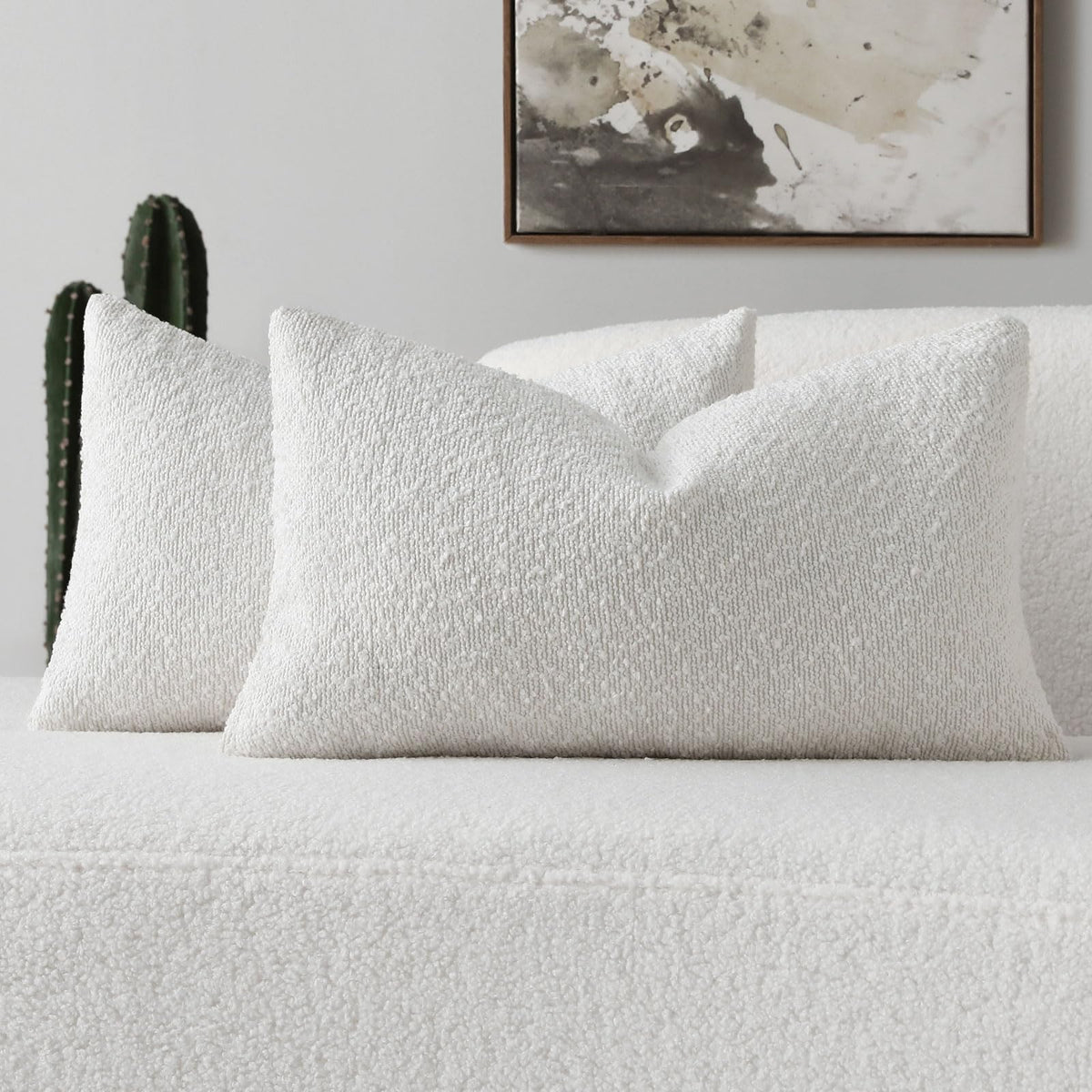 Futei Pack Of 2 Christmas White Boucle Accent Decorative Throw Pillow Covers,12X20 Inch Soft Solid Textured Lumbar Pillow Cases,