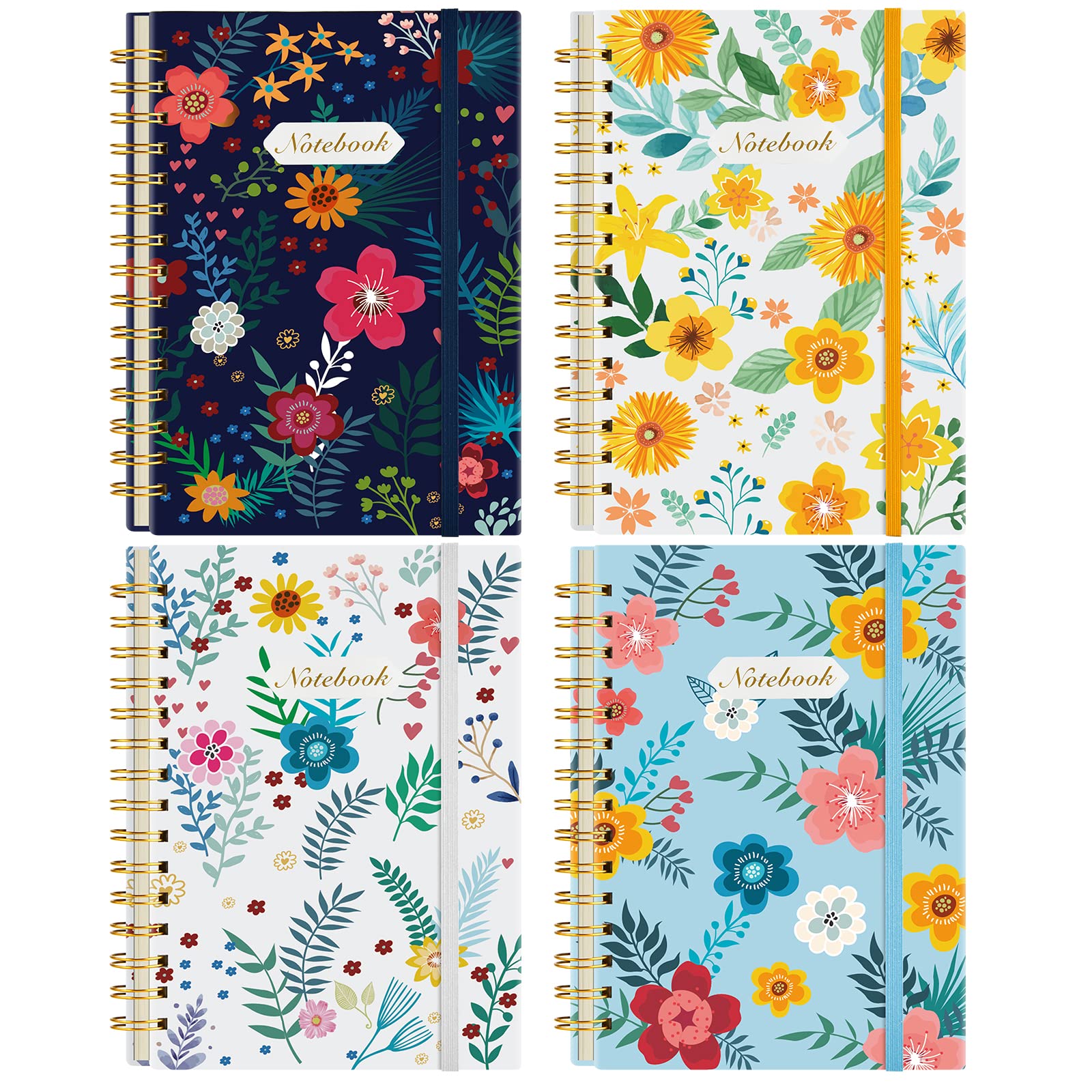 Coopay 4 Pack A5 Spiral Notebook College Ruled Composition Notebooks Hardcover Spiral Journal, Cute Blooming Floral, For Office