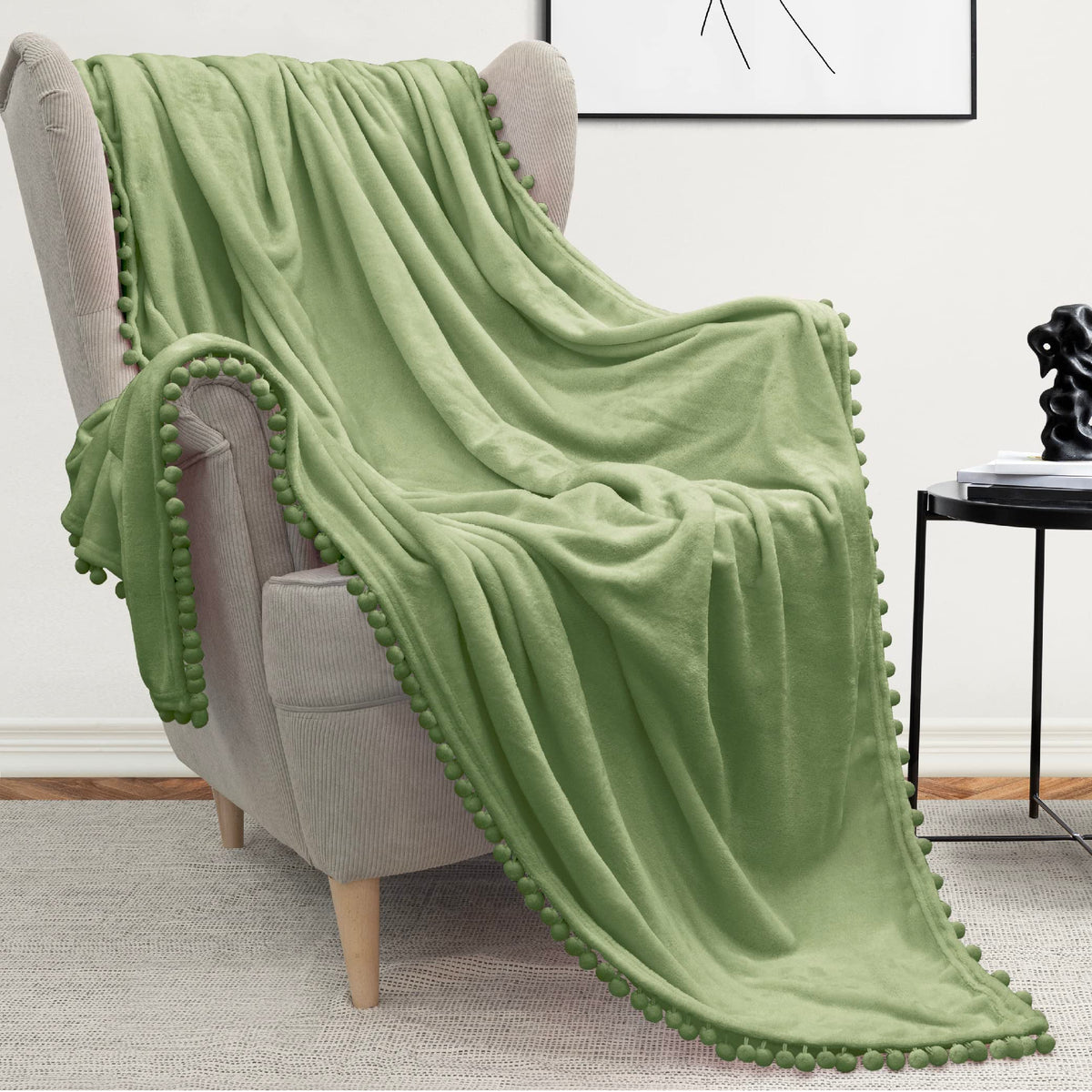 Pavilia Pom Pom Blanket Throw Twin, Light Sage Green | Soft Fleece Pompom Fringe Blanket For Couch Bed Sofa | Decorative Cozy Pl