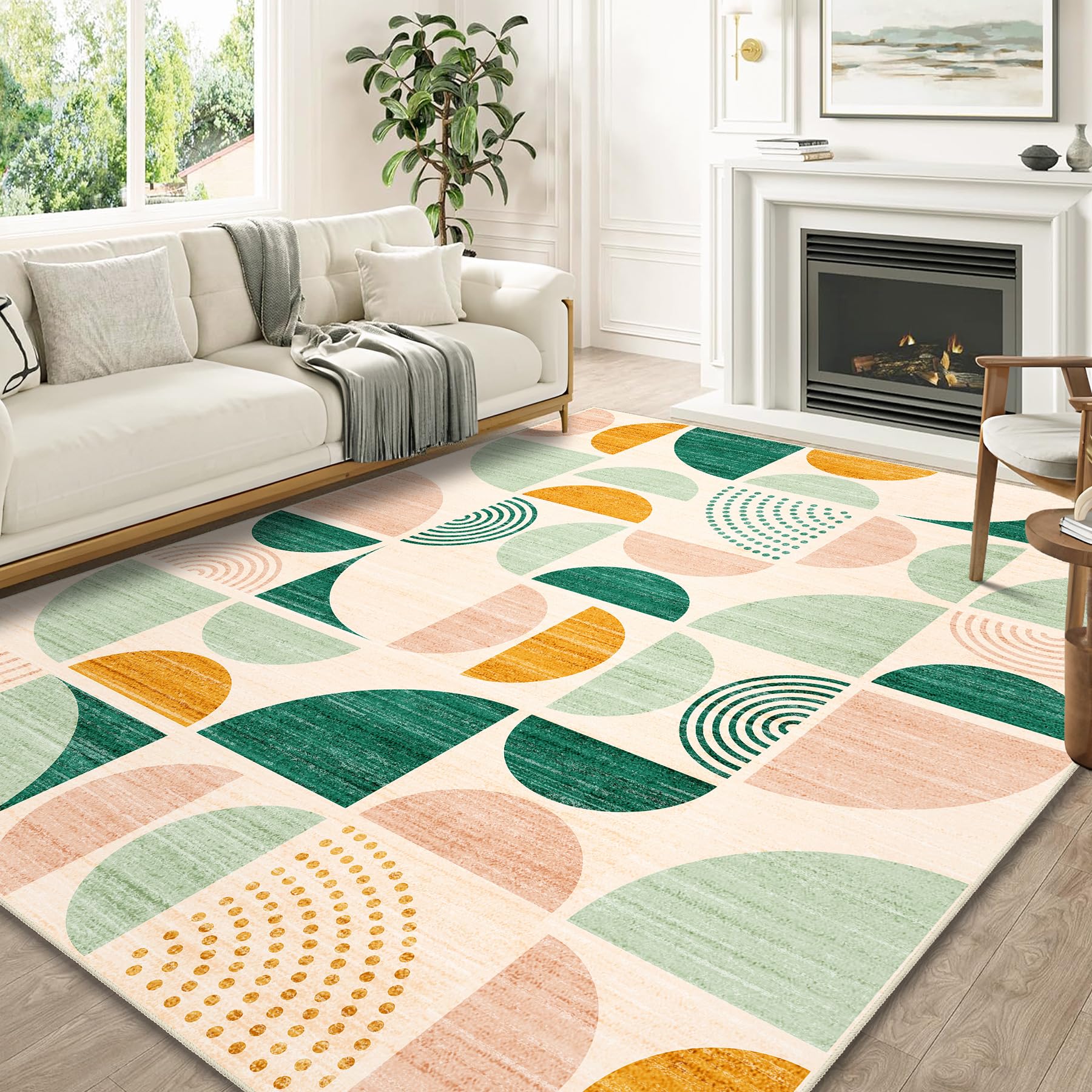 MUJOO Green Washable Rugs 8x10,Boho Area Rugs for Living Room Bedroom,Large Throw Floor Carpet Non Slip Soft Modern Abstract Sag