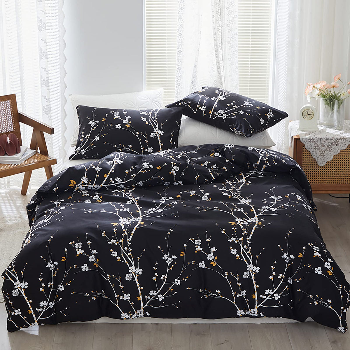 Wongs Bedding Pink Floral Duvet Cover Set Queen, Reversible Flower Plum Blossom Printed Comforter Cover Set With 2 Pillowcases 3