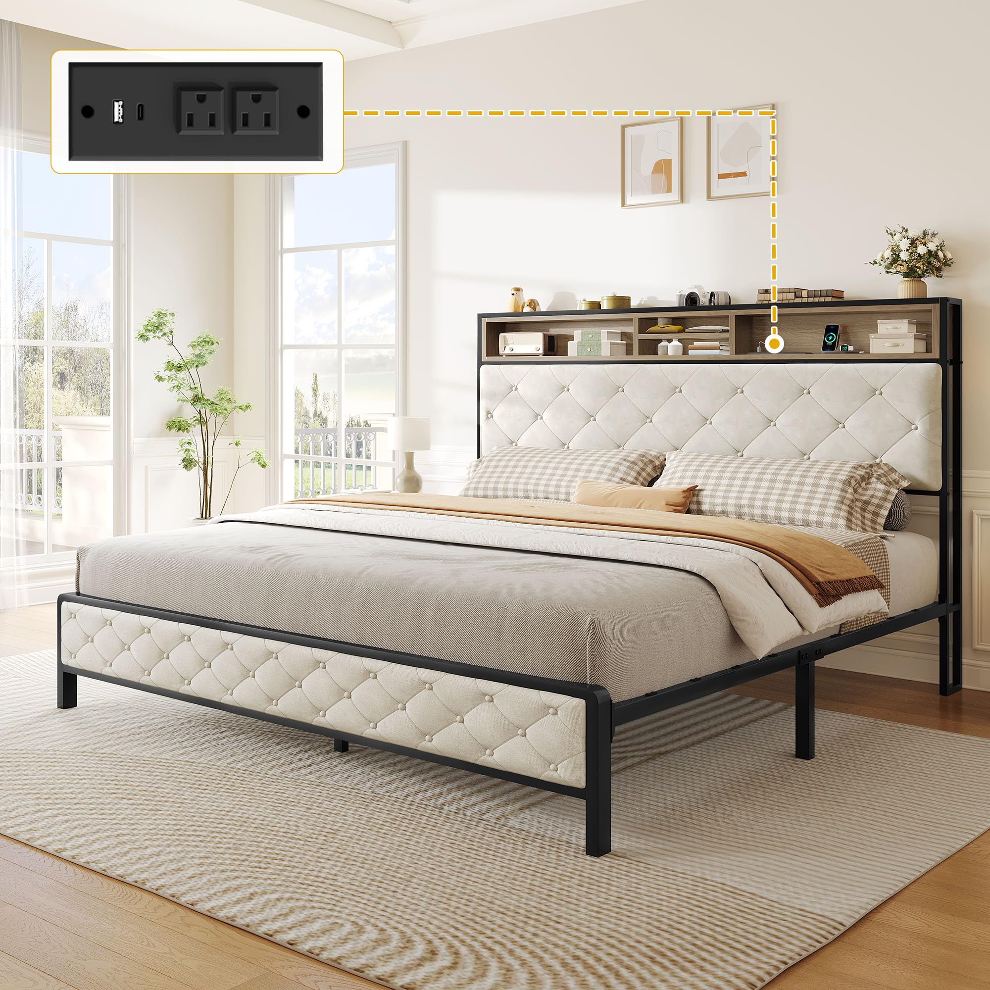 DWVO Queen Size Bed Frame with Charging Station, Upholstered Platform Bed with Storage Headboard, Sturdy Metal Slats, No Box Spr