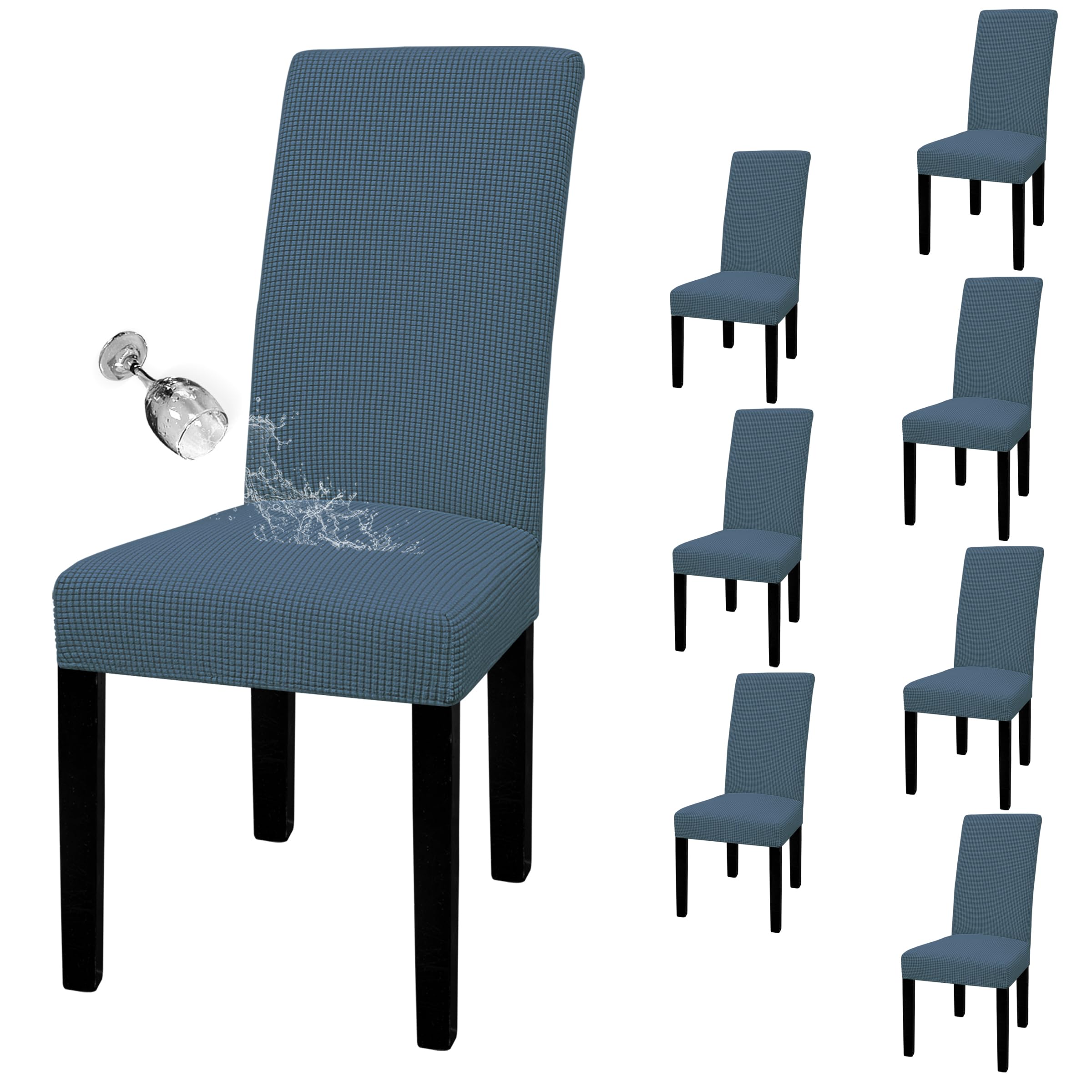 Easy-Going 100% Waterproof Dining Room Chair Cover Set Of 8, Stretch Jacquard Parson Chair Slipcover Removable Washable Chair Protector For Home, Restaurant, Banquet (Large, Bluestone)