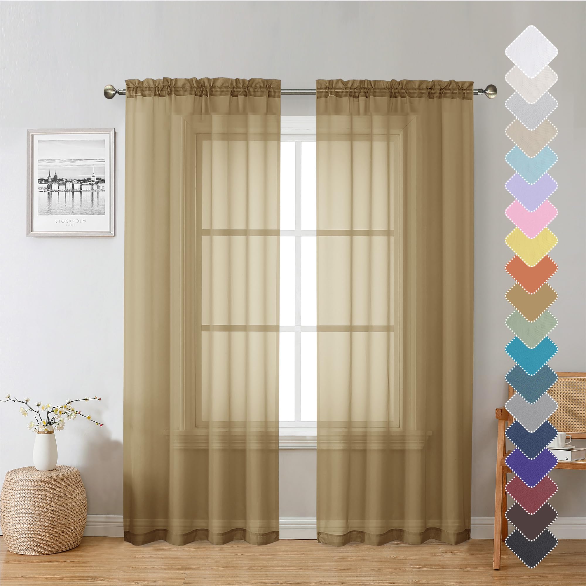Sheer Curtains 72 Inches Length 2 Panels, Light Filtering Voile Curtain Drapes For Kitchen Bedroom Windows, Dual Rod Pocket Livi