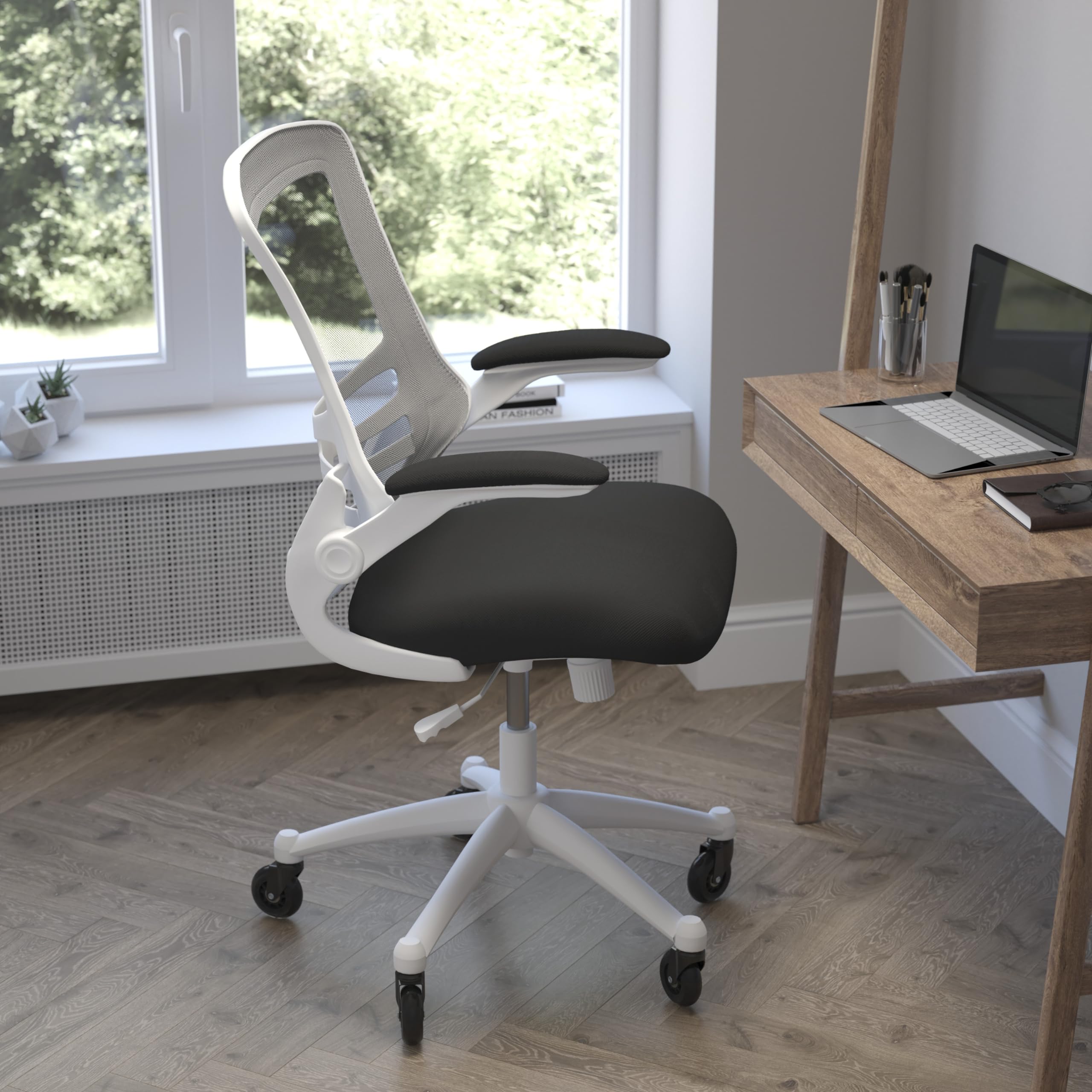 Flash Furniture Kelista Mid-Back Black Mesh Swivel Ergonomic Task Office Chair With White Frame, Flip-Up Arms, And Transparent Roller Wheels