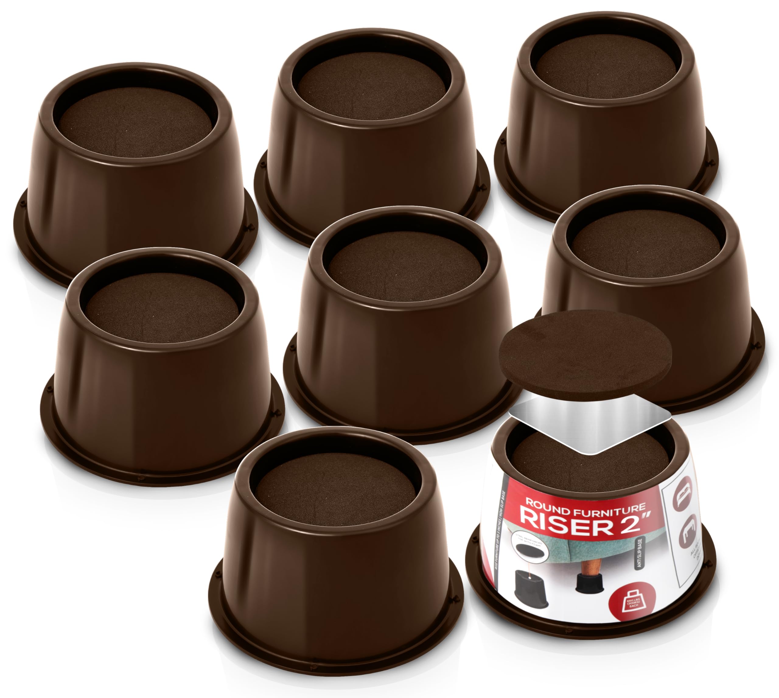 Utopia Bedding Bed Risers 2 Inch - 8 Pack - Round Furniture Risers With Top Anti-Slip Foam With Metal Plate & Bottom Rubber Pads