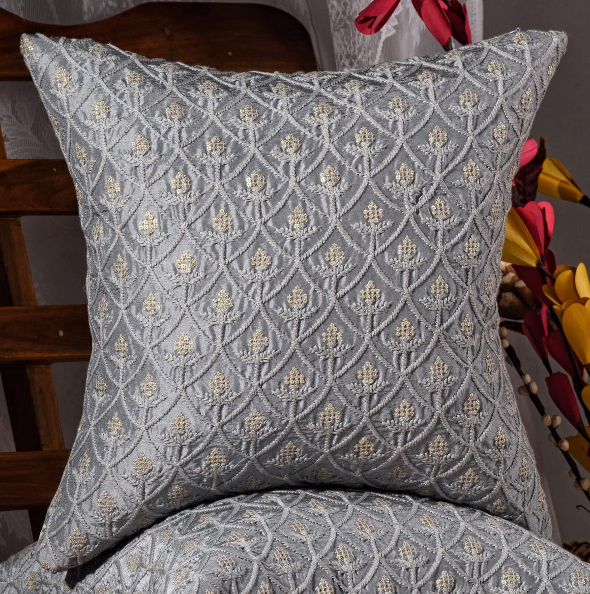 Scarlett Linens Embroidered Cushion Covers 16X16 Inches Pack Of 1 | Designer Pillows For Room DCor | Decorative Pillows With Thr