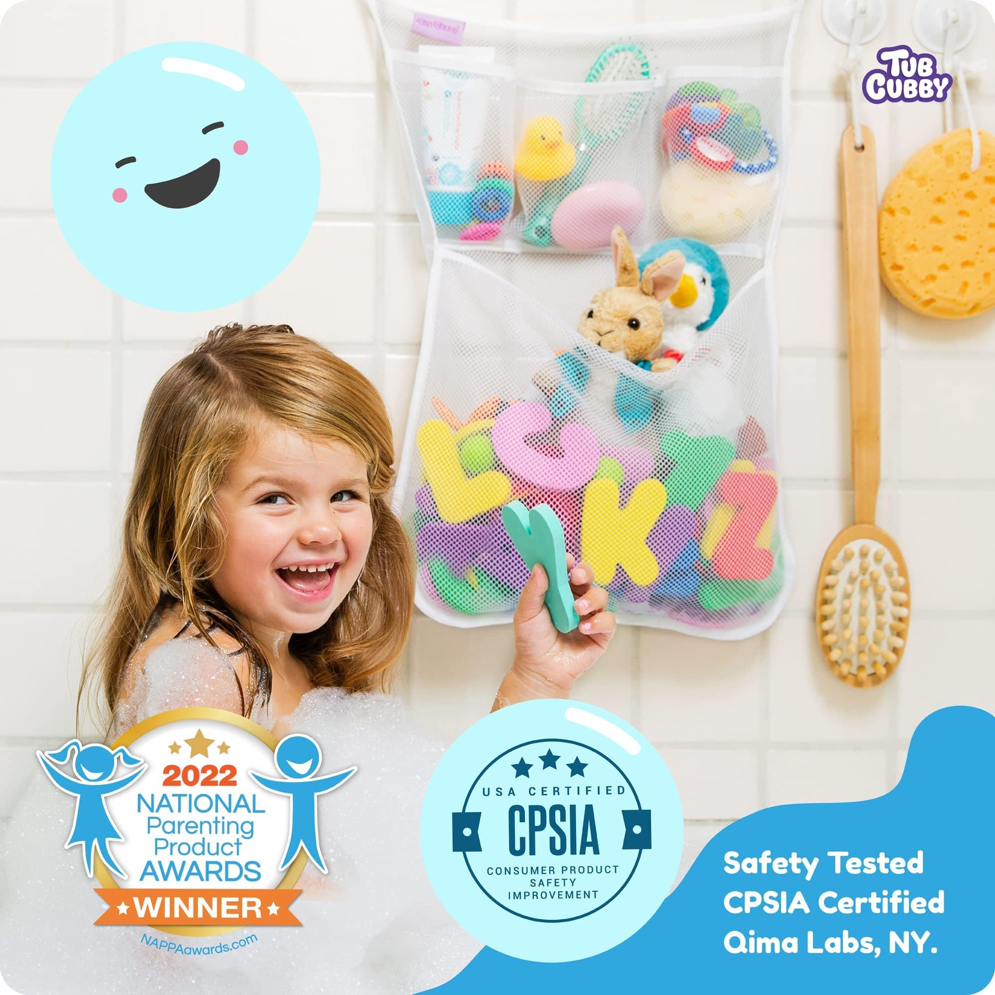 Original Tub Cubby Bath Toy Storage Organizer - 14''X20'' Mesh Shower Caddy With Suction Cup & Adhesive Hooks, Toy Storage Net O