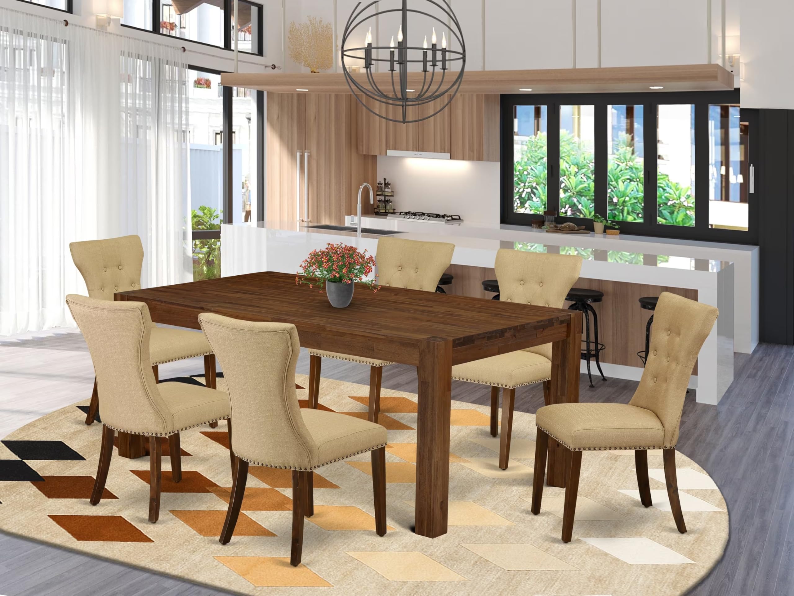 East West Furniture Lmga7-N8-03 7 Piece Dining Room Table Set Consist Of A Rectangle Rustic Wood Kitchen Table And 6 Brown Linen Fabric Parson Dining Chairs, 40X72 Inch, Walnut