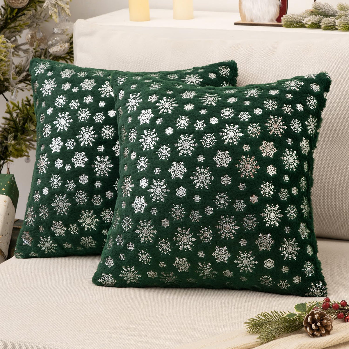 Miulee Christmas Dark Green Throw Pillow Covers Set Of 2 Snowflakes Decorative Pillow Covers 18X18 Inch Soft Plush Faux Fur Pill