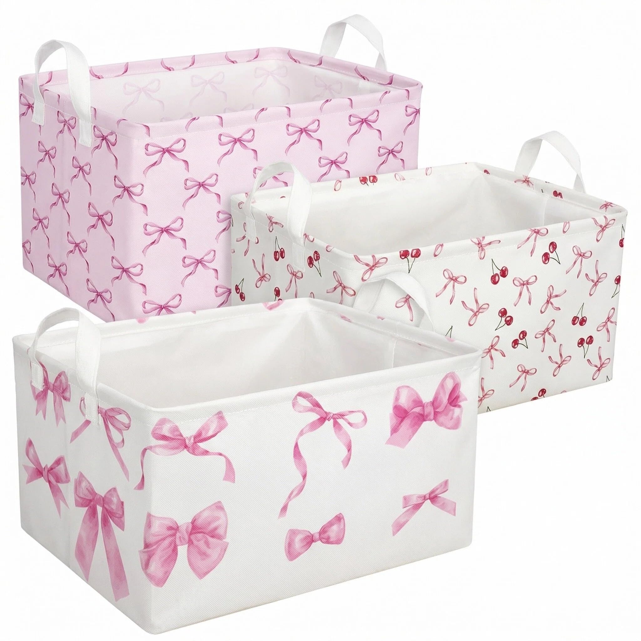 3 Pcs Pink Bow Storage Basket, Coquette Girls Rectangle Storage Bins Box with Handles, Bows and Chery Shelf Basket Ideal for Roo
