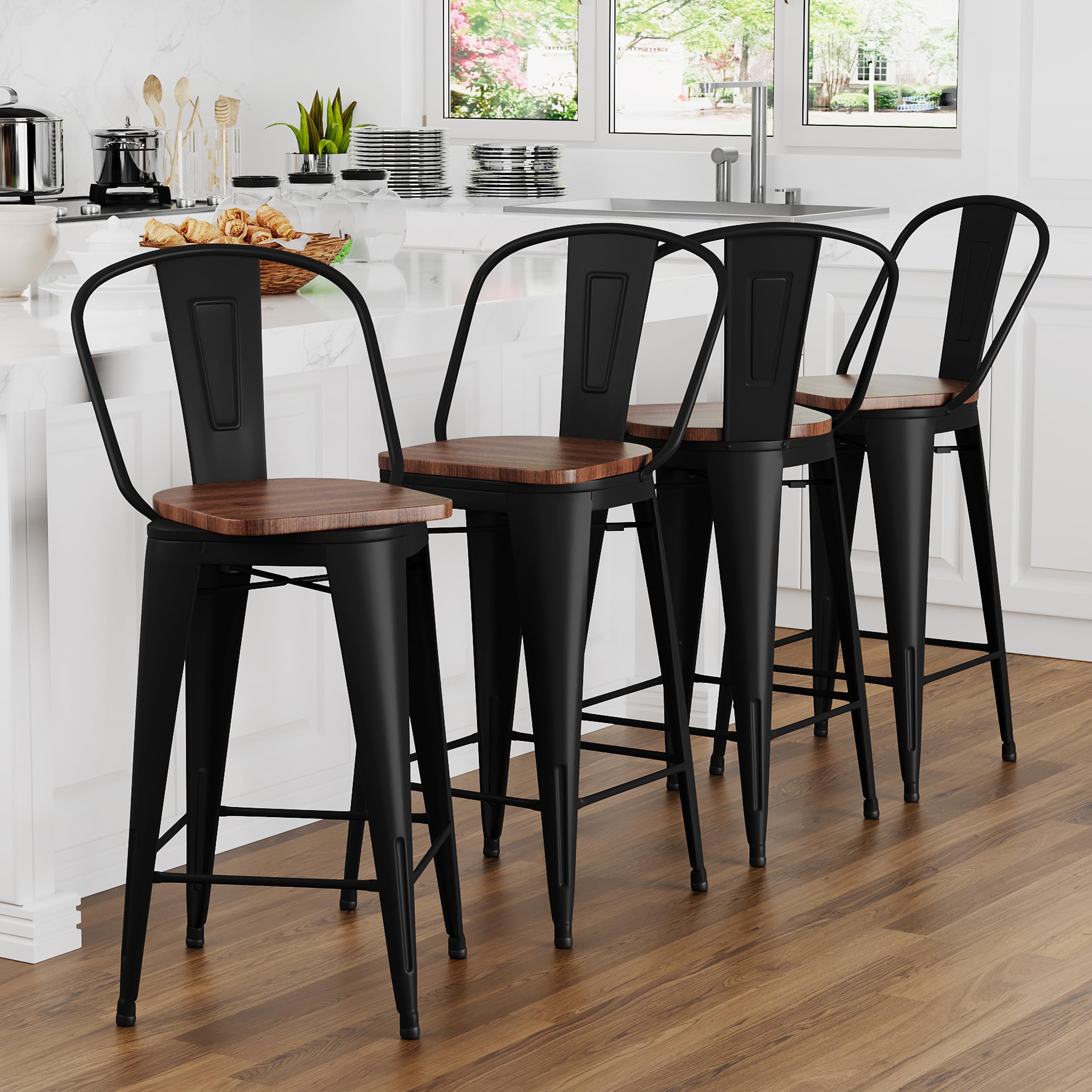 Apeaka 30 Swivel Metal Bar Stools Set of 4 Bar Height Barstools Industrial High Back Bar Chairs with Large Wooden Seat Matte Bla